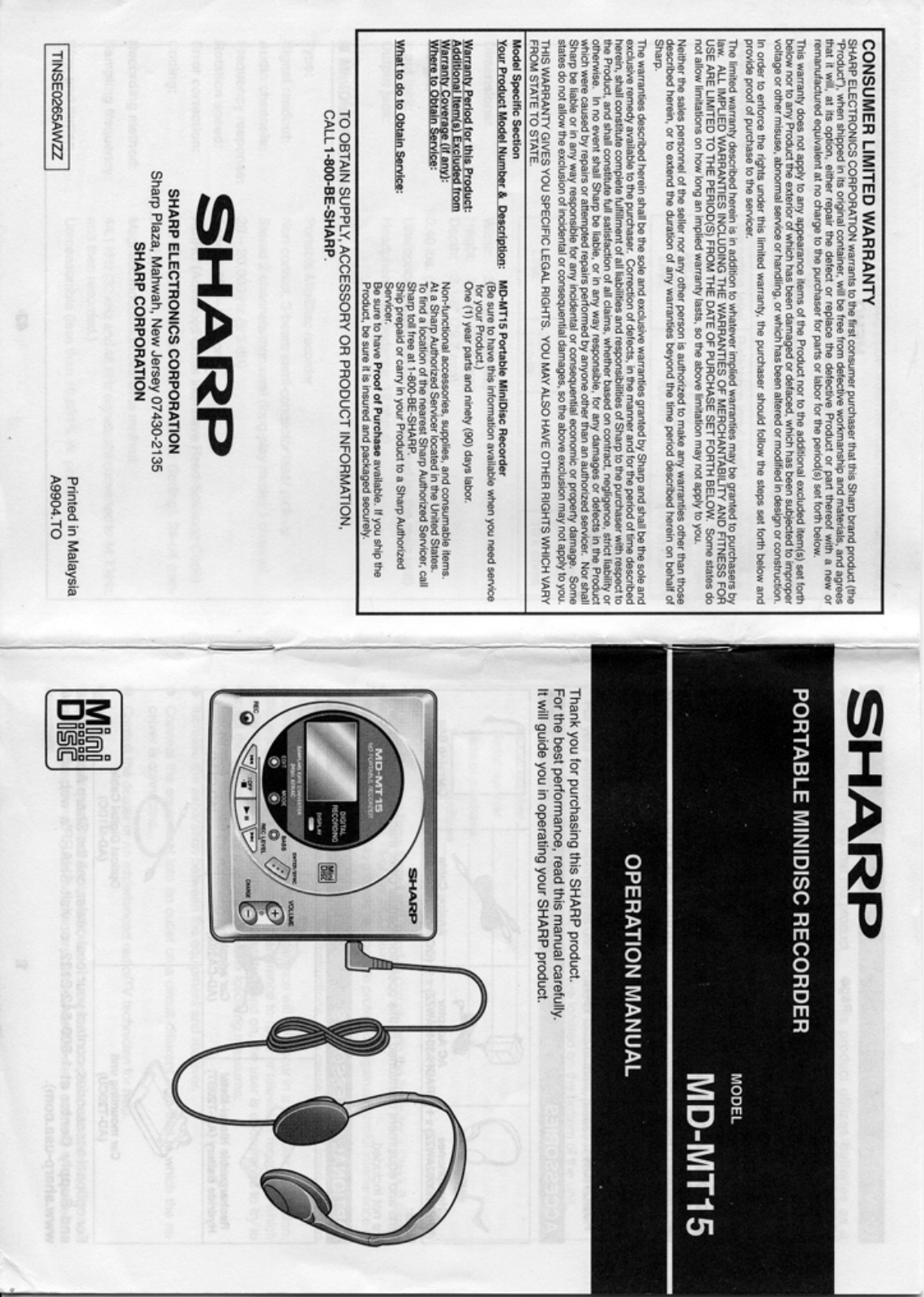 Sharp MD-MT15 User Manual