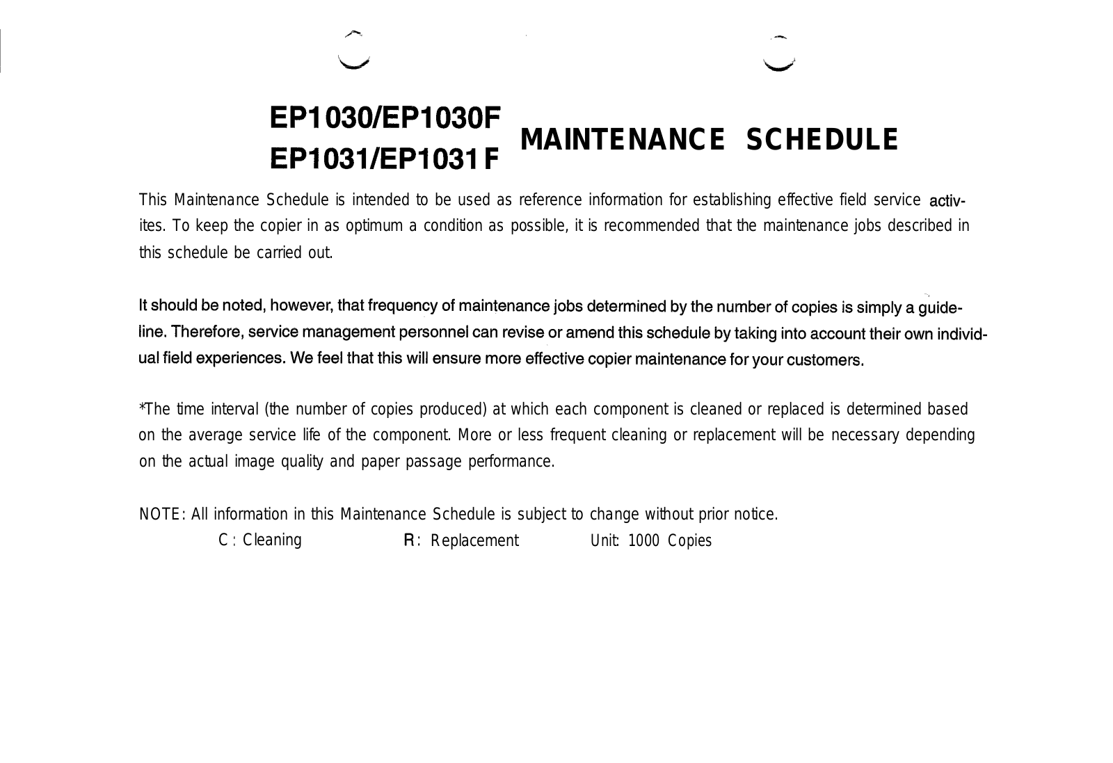 Minolta 1030, CS1030, 1031, CS1031 PM Schedule