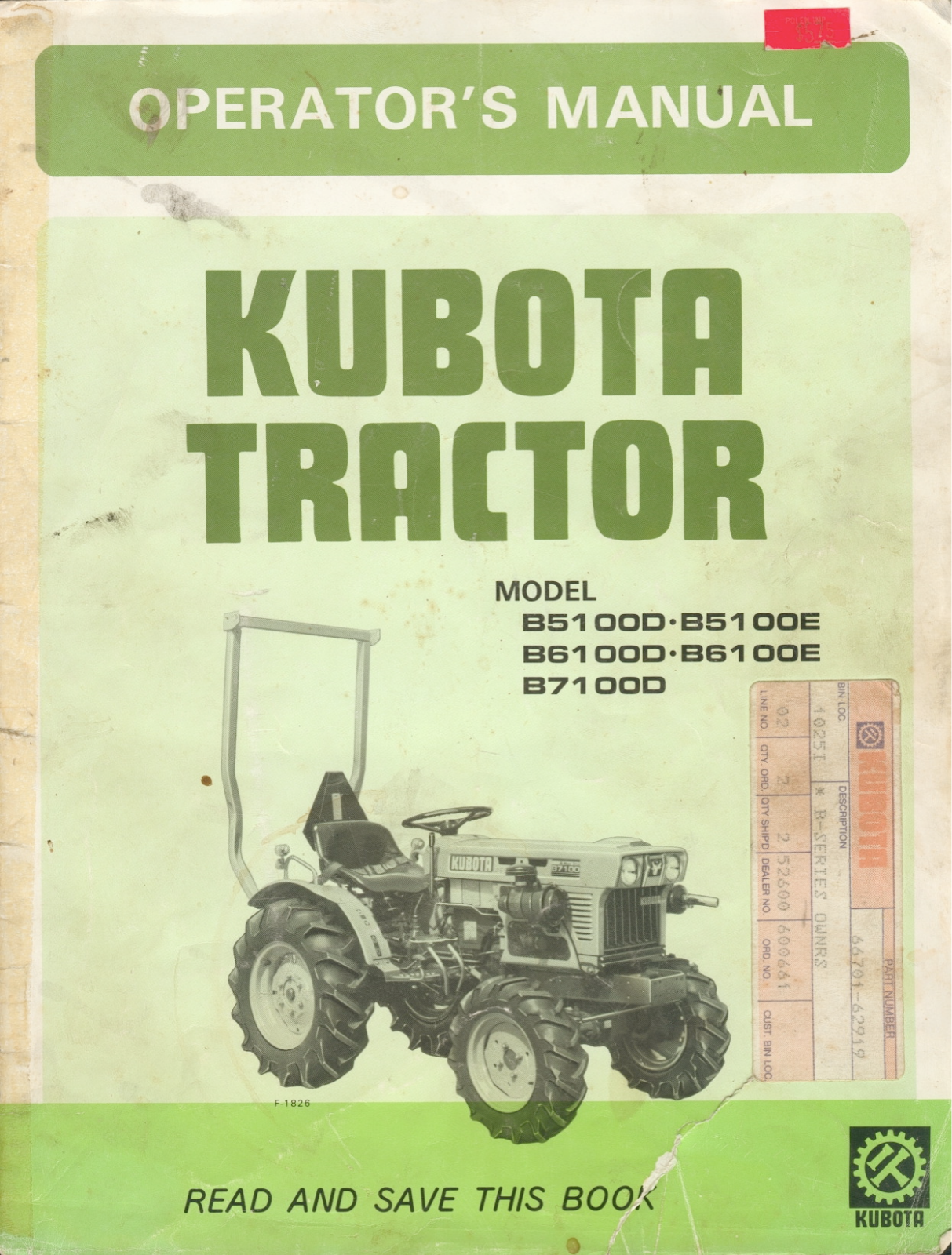 Kubota B5100D-E, B6100D-E, B7100D Operators Manual