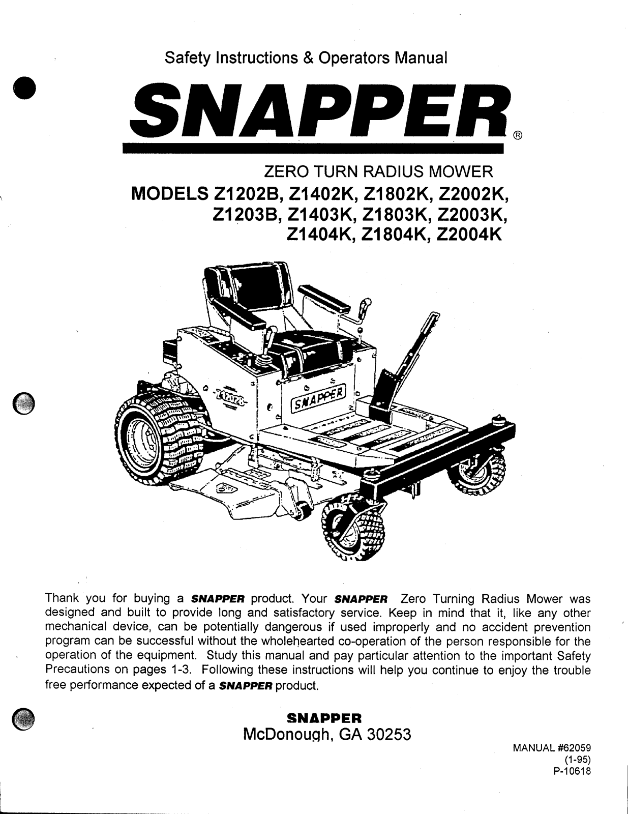 Snapper Z1404K, z2004k, Z1804K User Manual