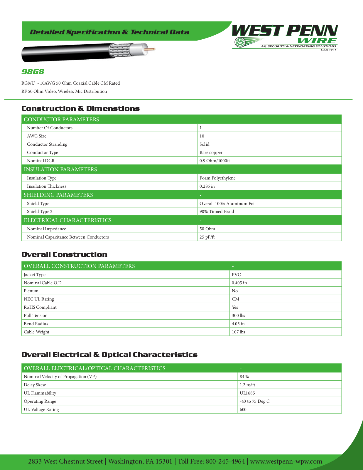 West Penn 98G8BK0500, 98G8BK1000 Specsheet