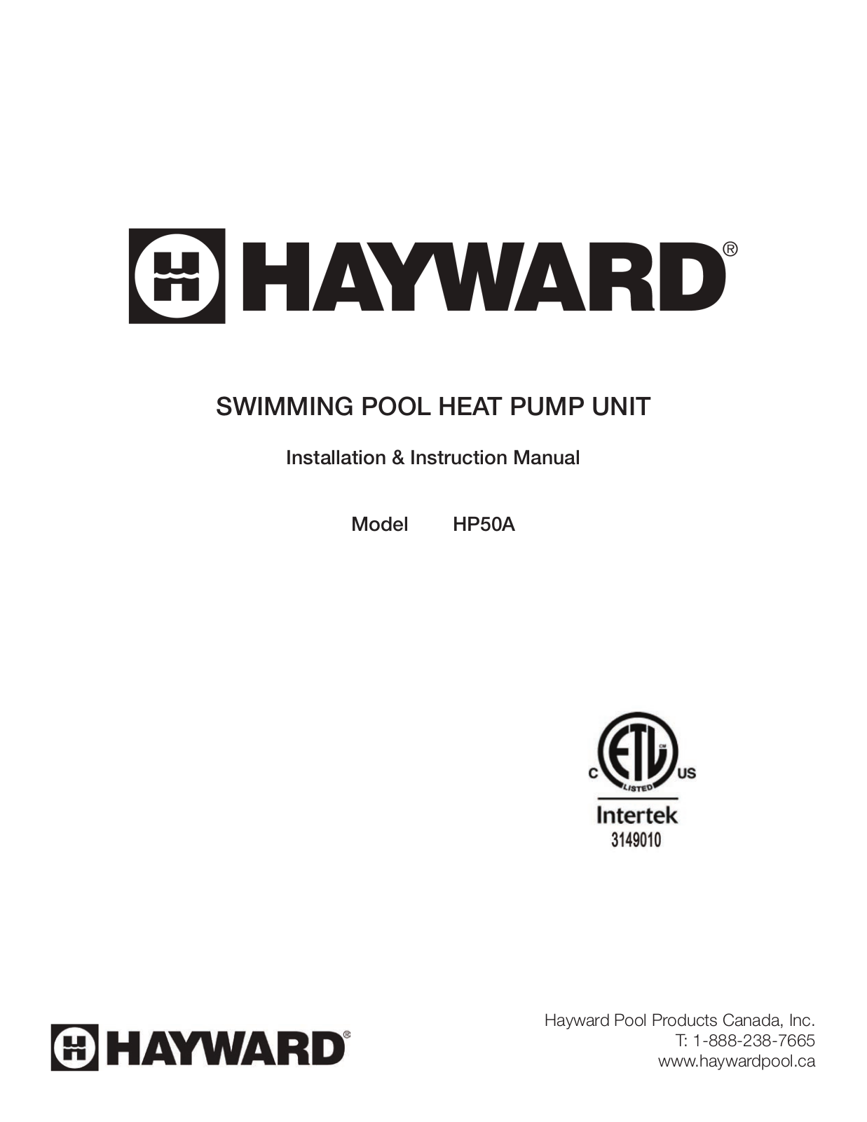 Hayward HP50A Installation Instructions Manual