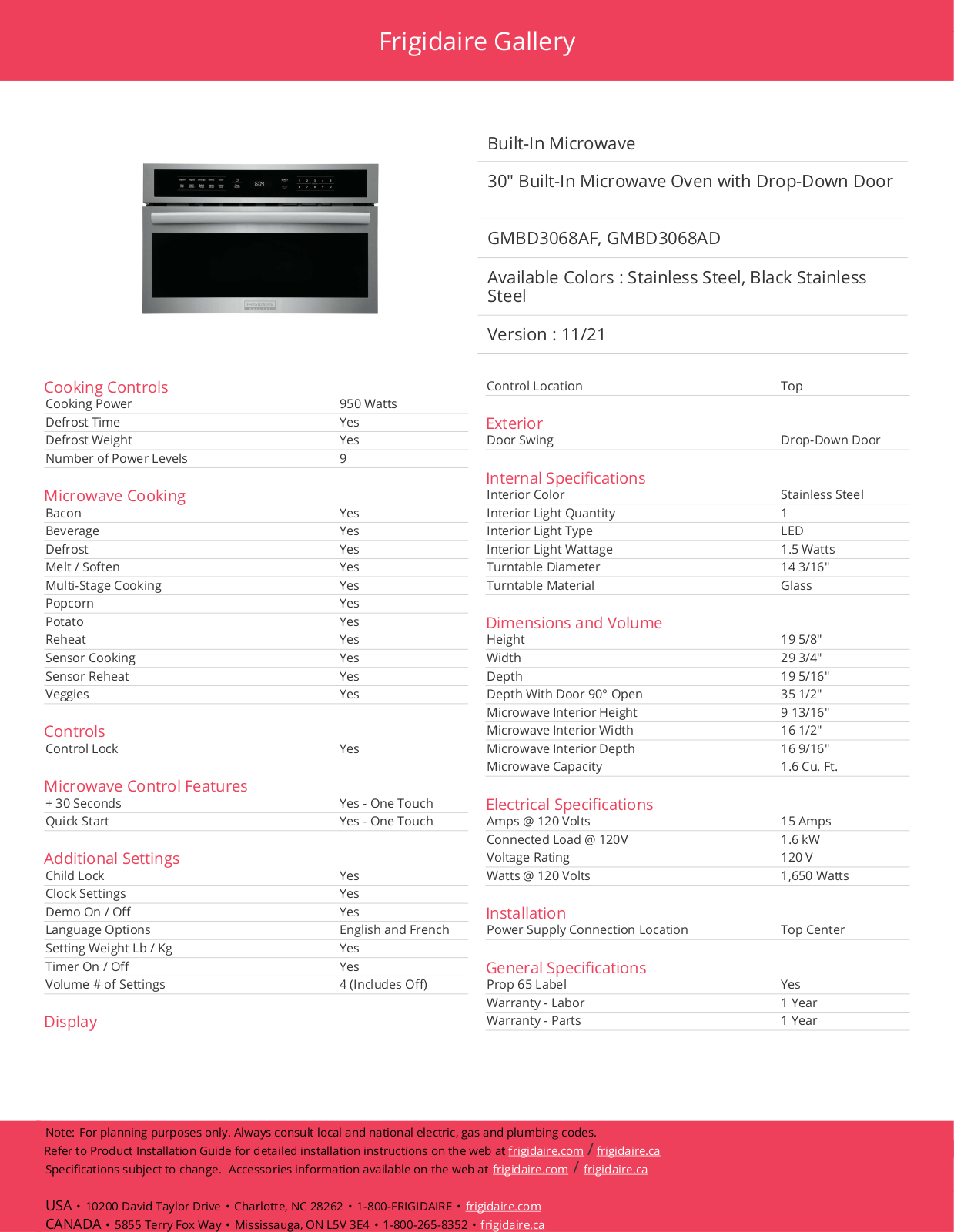 Frigidaire GMBD3068AD Specifications - ManualMachine.com