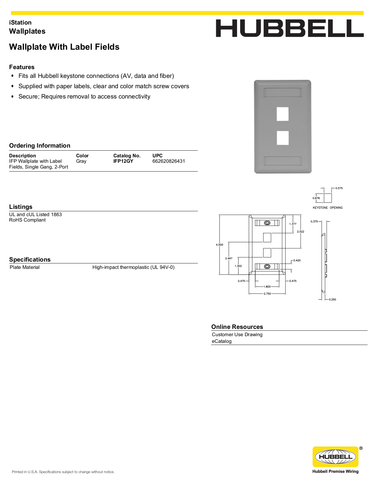 Hubbell IFP12GY Specifications