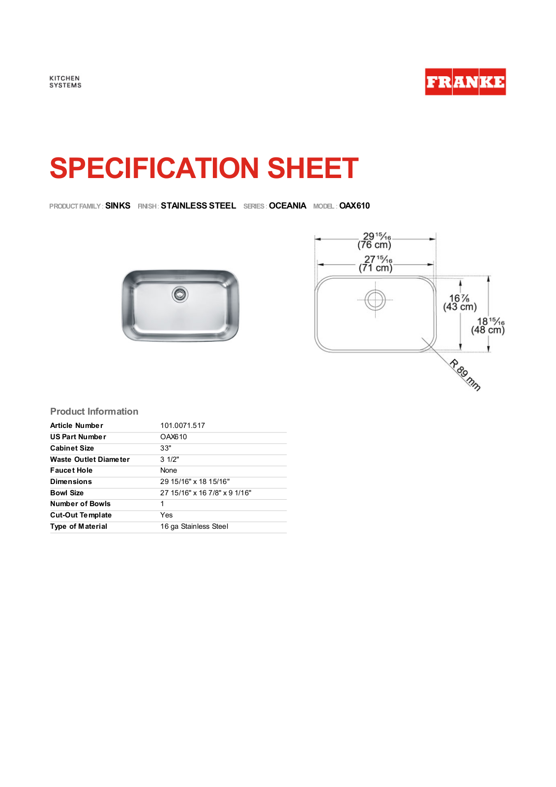 Franke Foodservice OAX610 User Manual