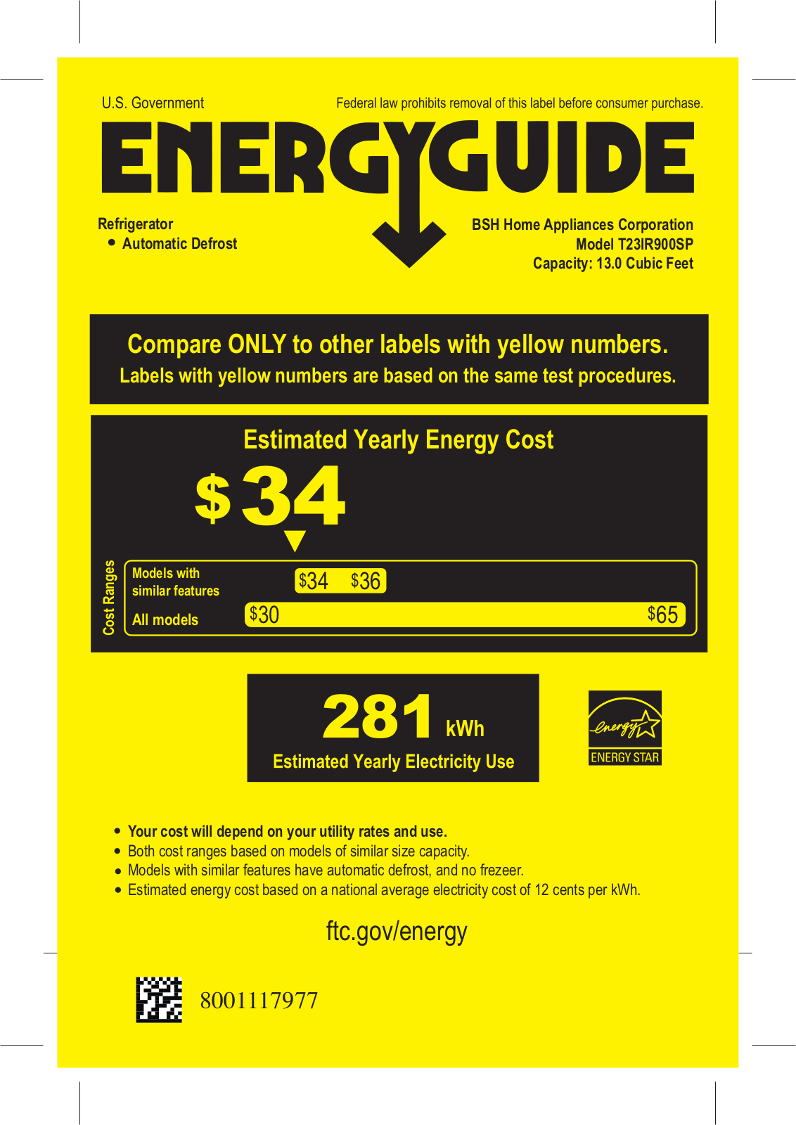 Thermador T23IR900SP Energy Guide