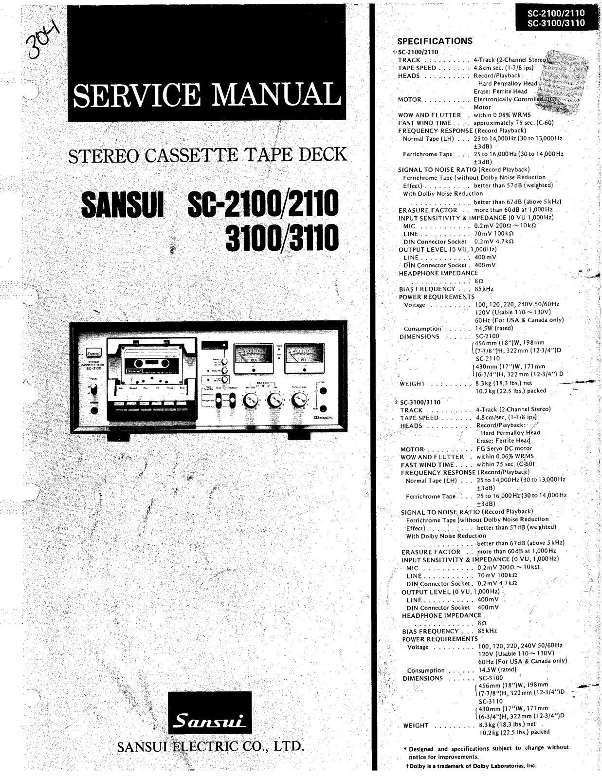 Sansui SC-2100, SC-2110, SC-3110, SC-3100 Service manual