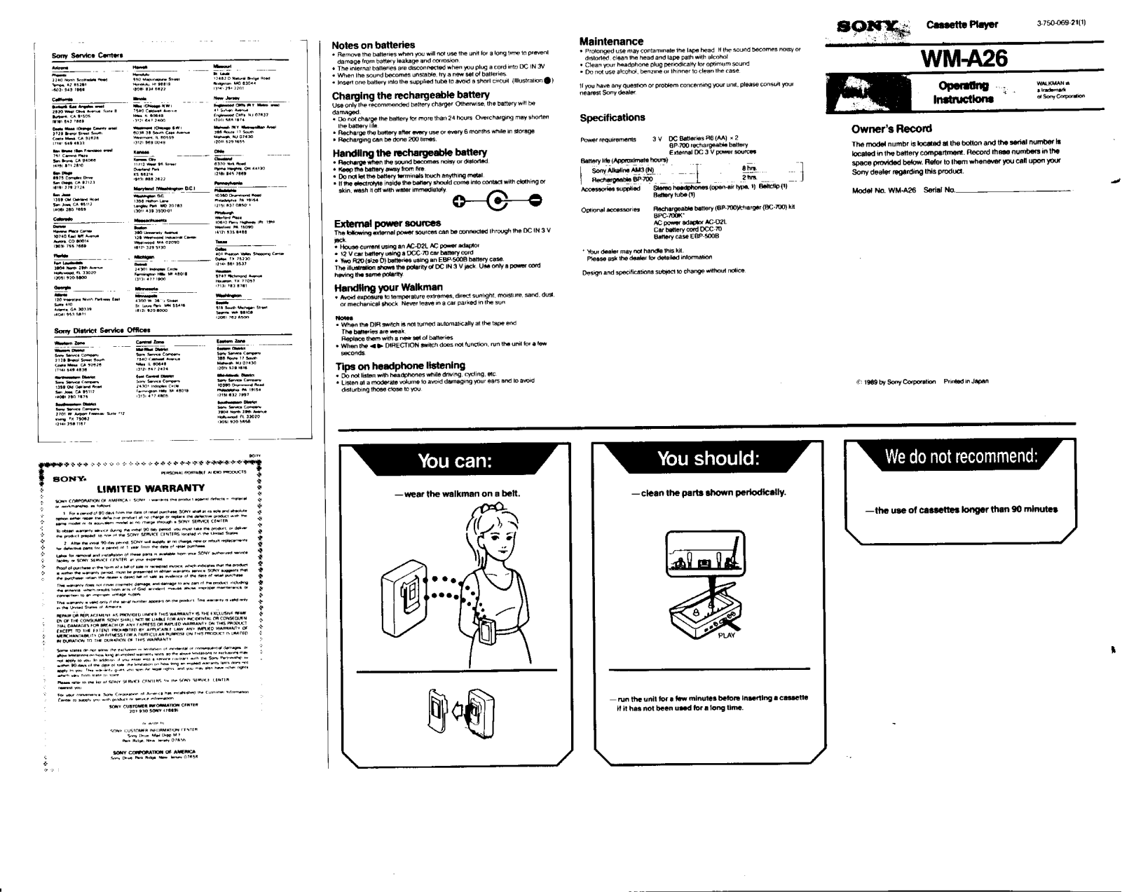 Sony WM-A26 User Manual