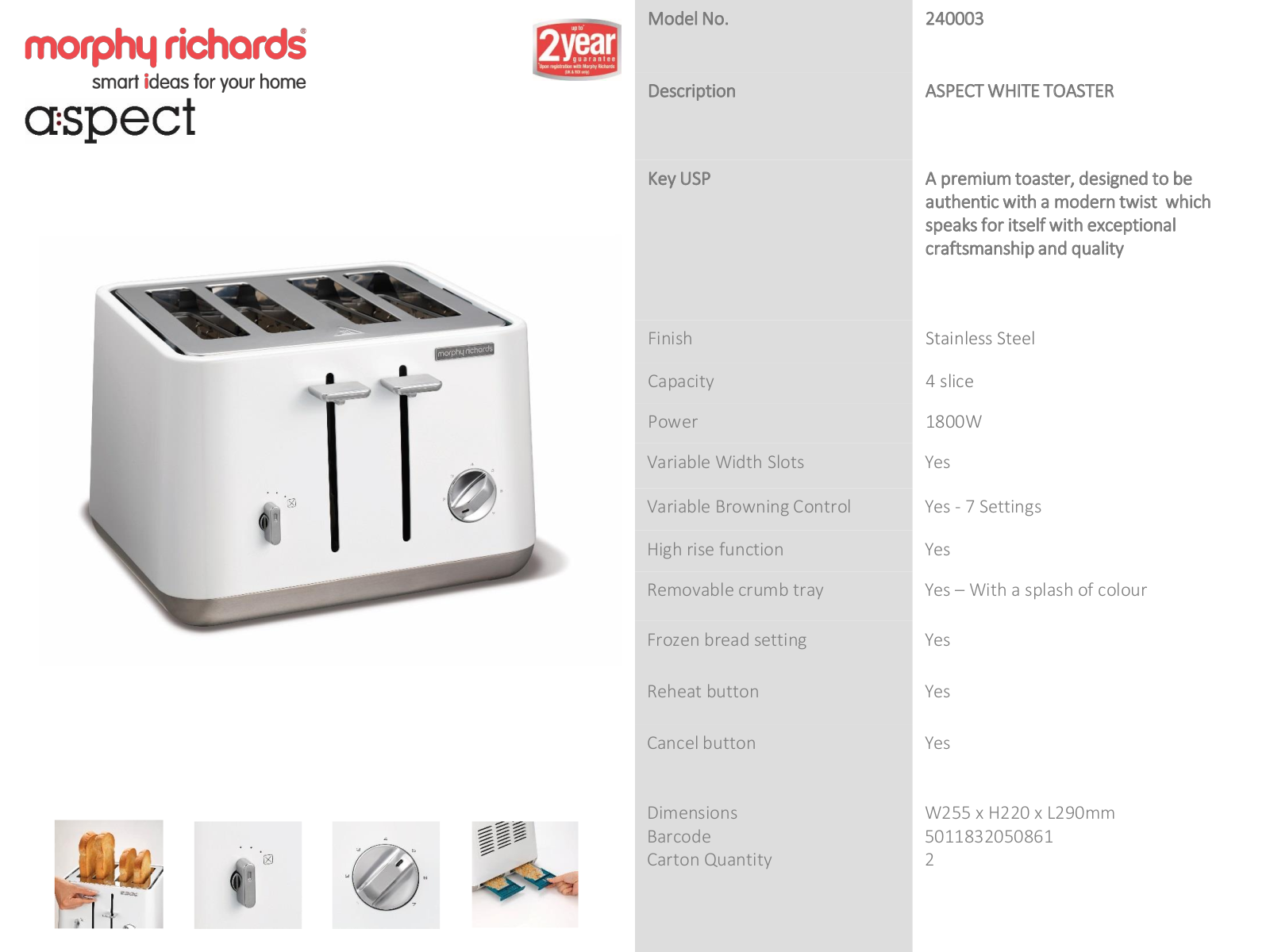 Morphy Richards 240024 Specifications Sheet