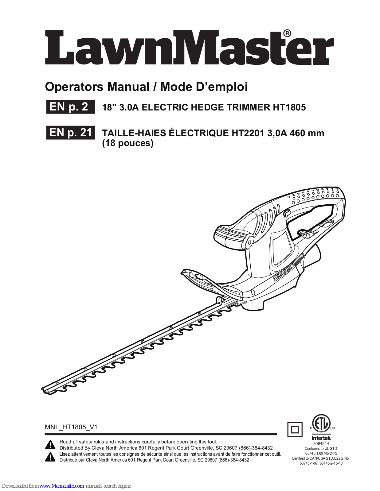 LawnMaster HT1805 Operator's Manual