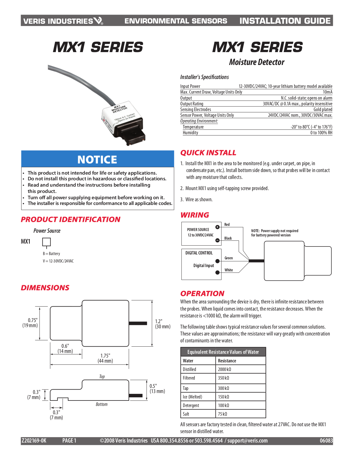 Veris MX1 Installation Instructions