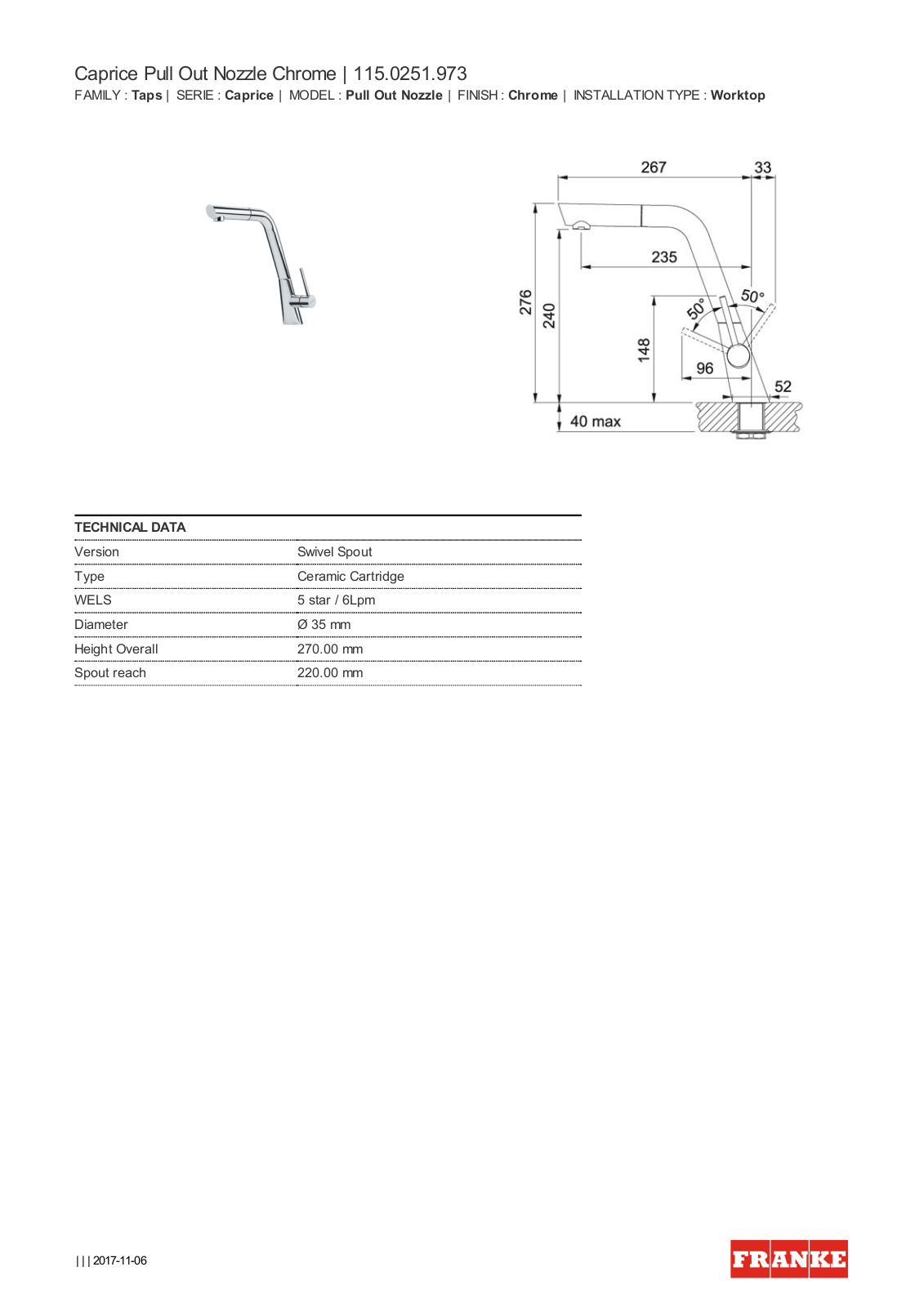 Franke TA6211 Specifications Sheet