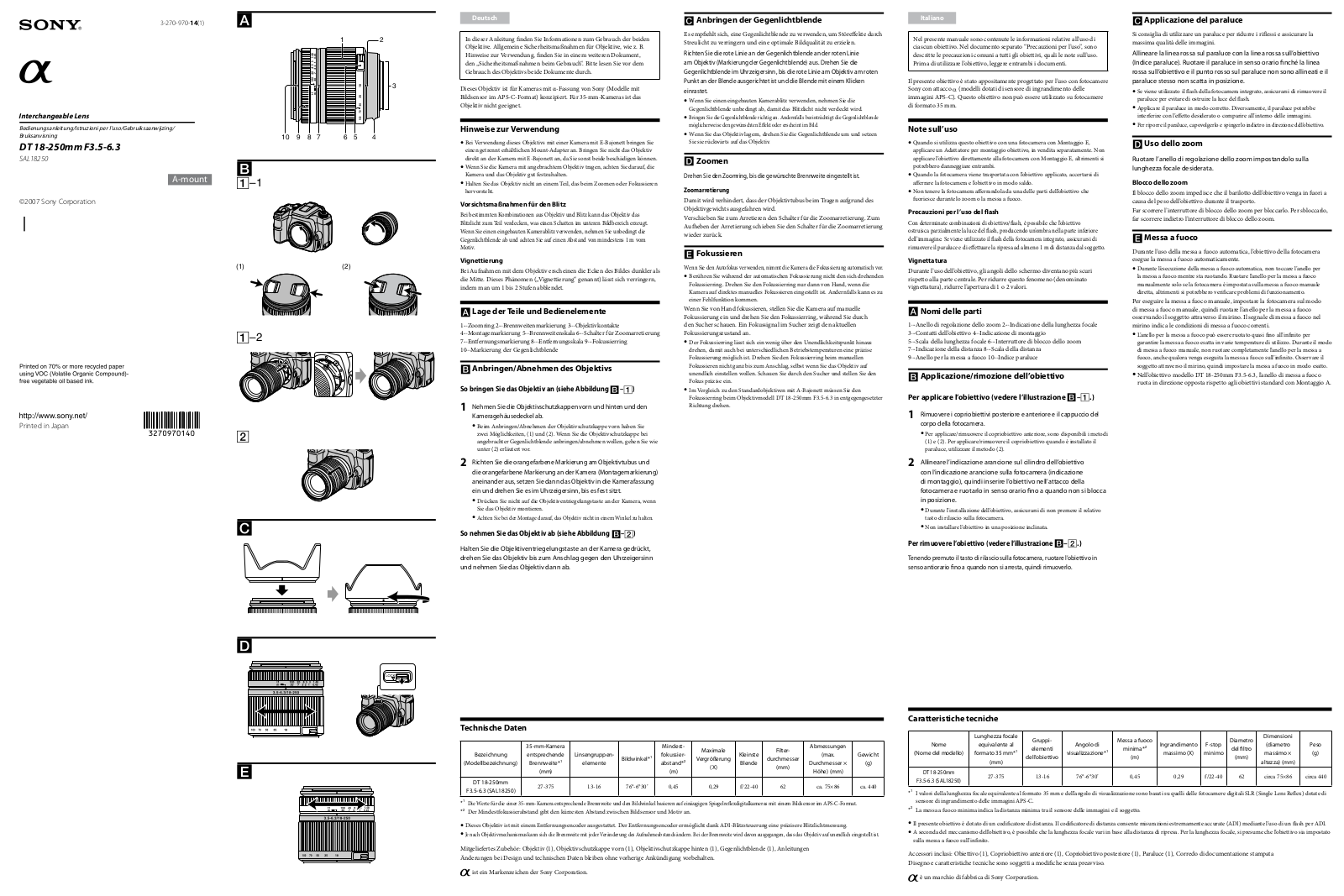 Sony SAL18250 User Manual