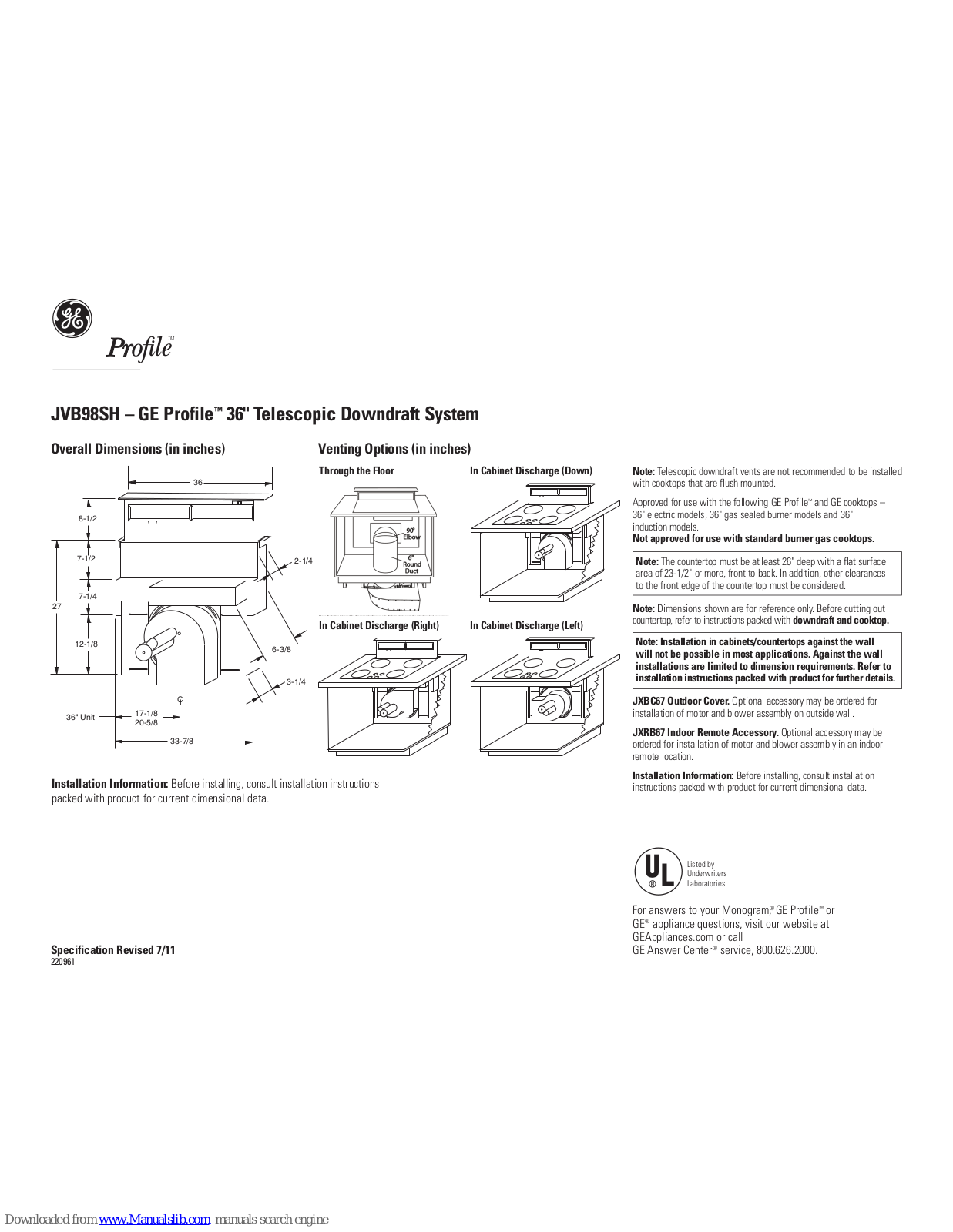 GE Profile JVB98SH, Profile JVB98SHSS Dimension Manual