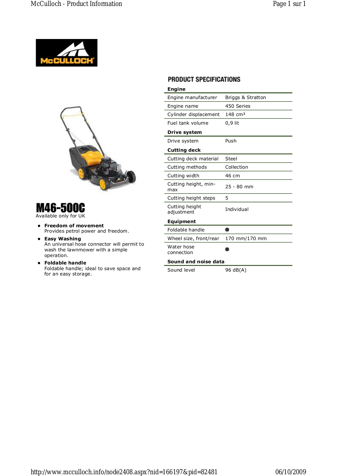 Mc culloch M46-500C TECHNICAL SPECIFICATIONS - ManualMachine.com