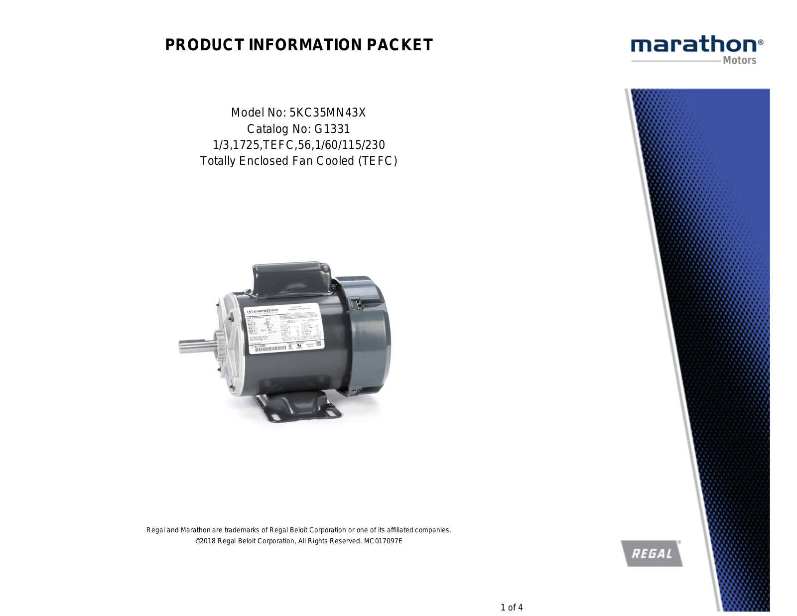 Marathon Electric 5KC35MN43X Product Information Packet