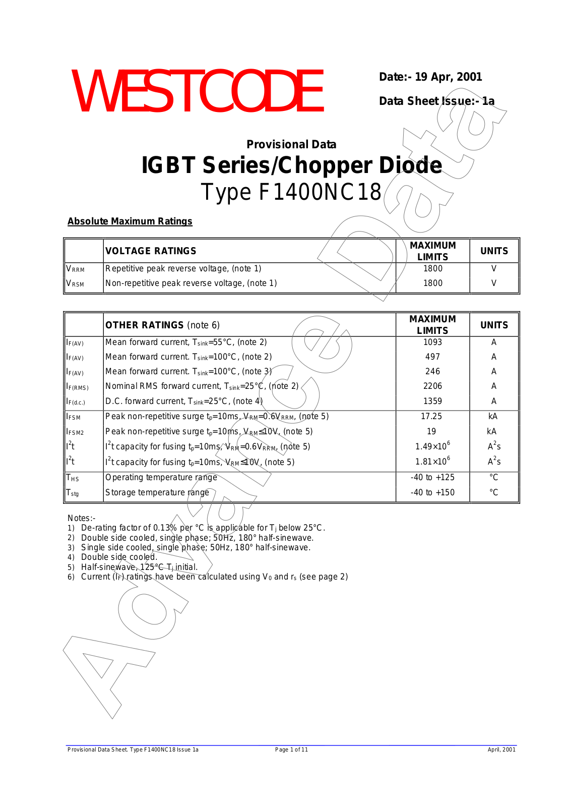 Westcode Semiconductors F1400NC180 Data Sheet