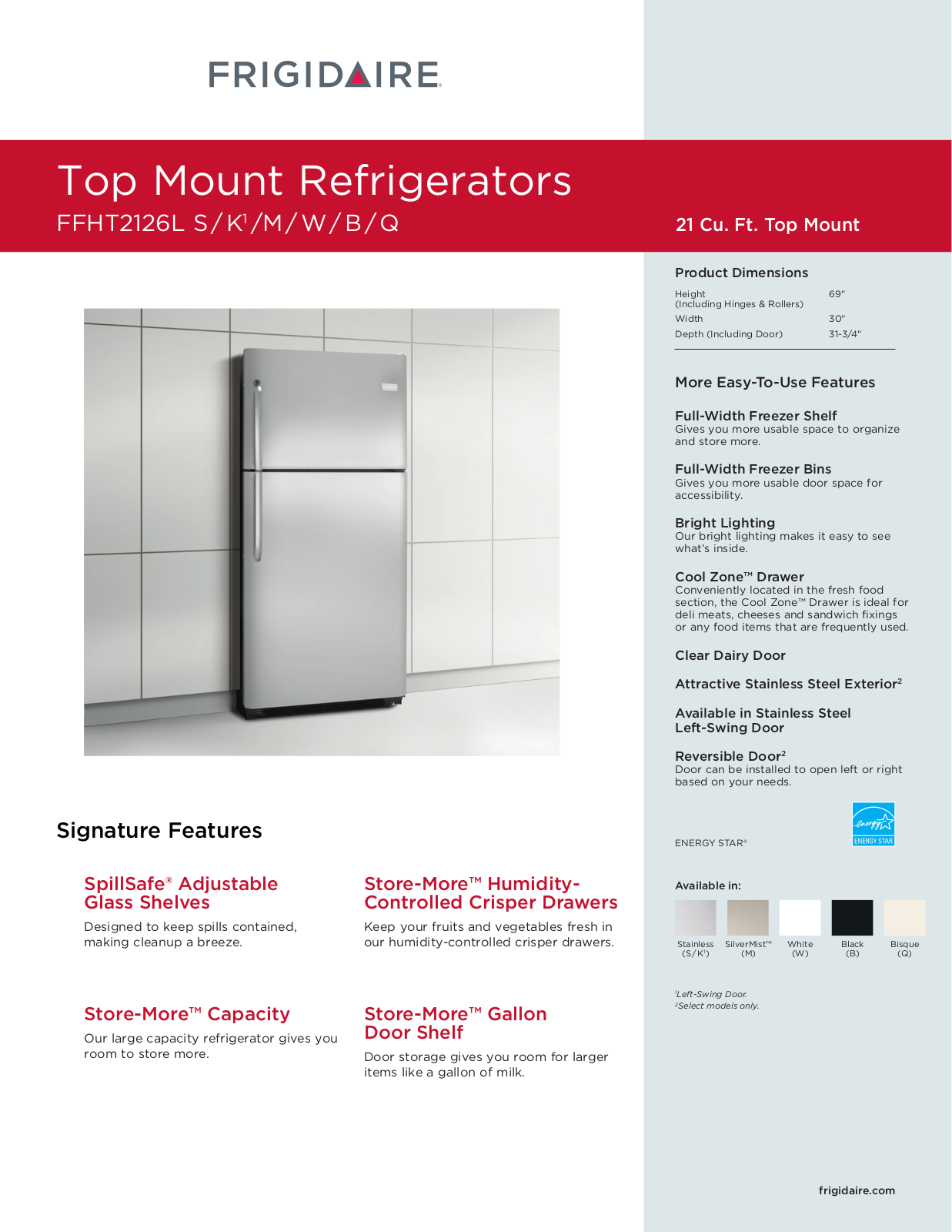 Frigidaire FFHT2126L B, FFHT2126L K, FFHT2126L W, FFHT2126L M, FFHT2126L S DATASHEET