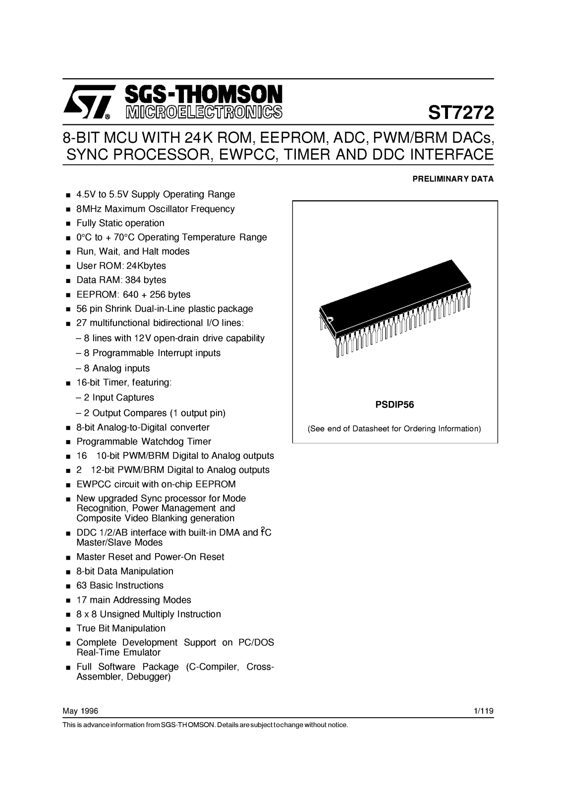 SGS Thomson Microelectronics ST72T72N5B1, ST72T72M5B1, ST72E72N5B1, ST72E72M5B1, ST7272N5B1 Datasheet