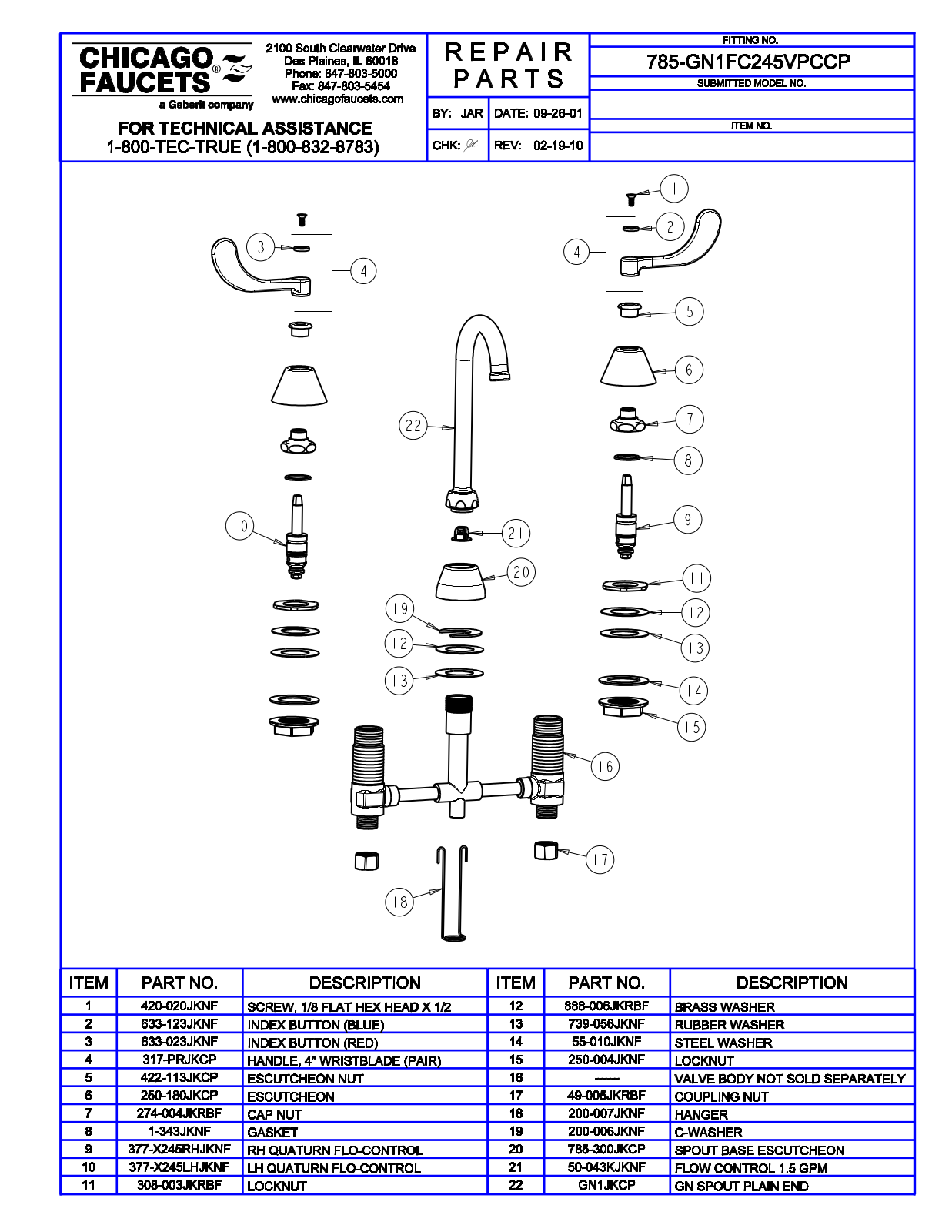 Chicago Faucet 785-GN1FC245VPCCP Parts List