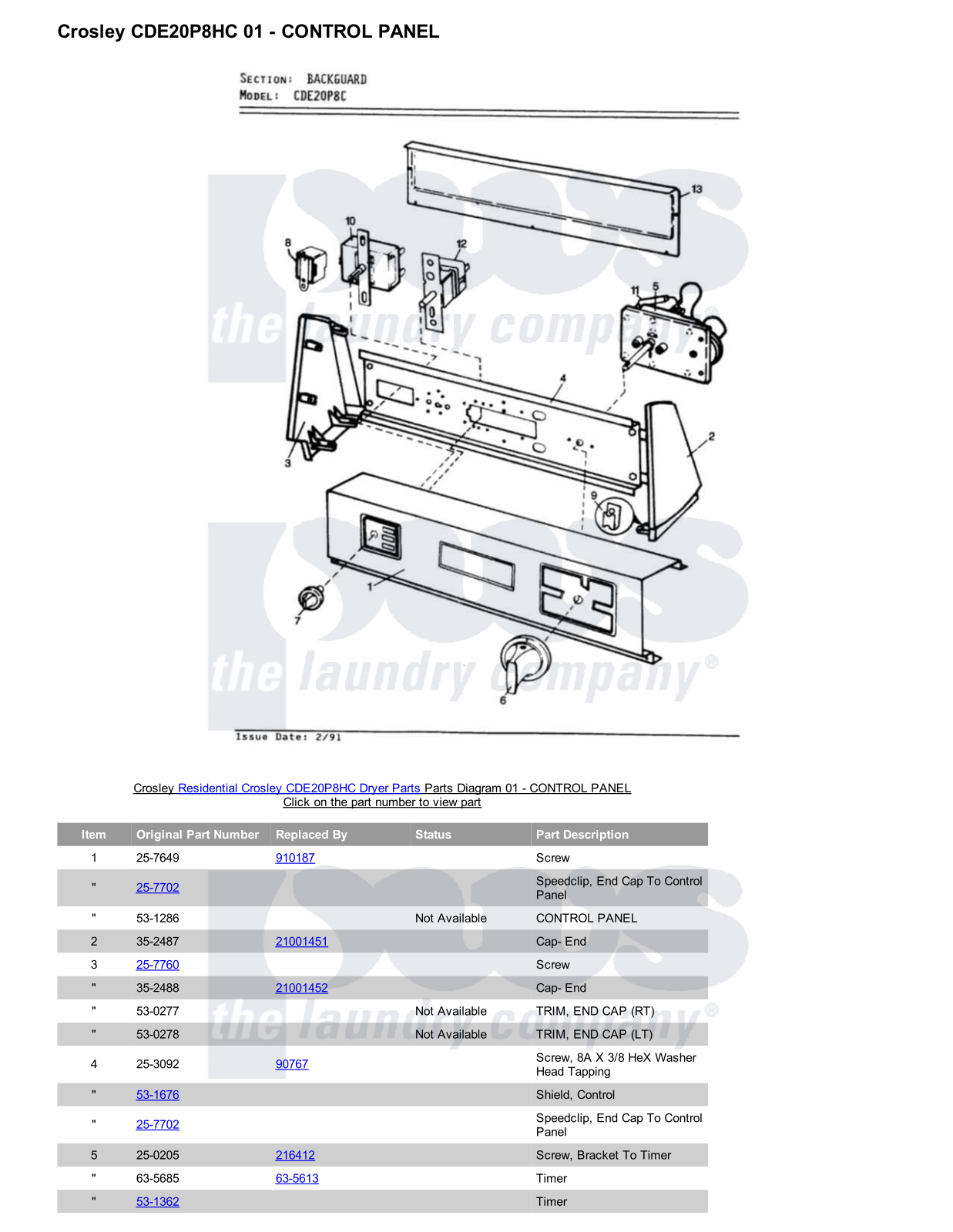 Crosley CDE20P8HC Parts Diagram