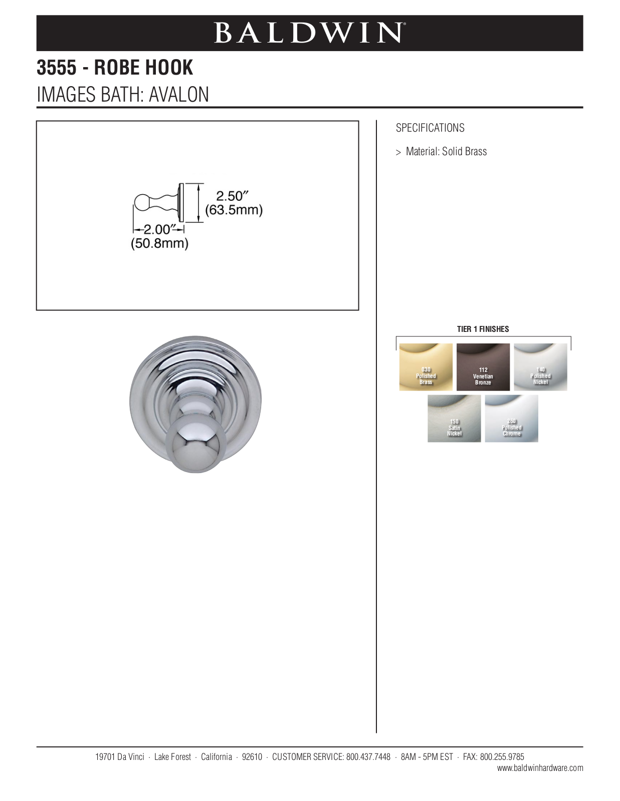 Baldwin Avalon Robe Hook User Manual