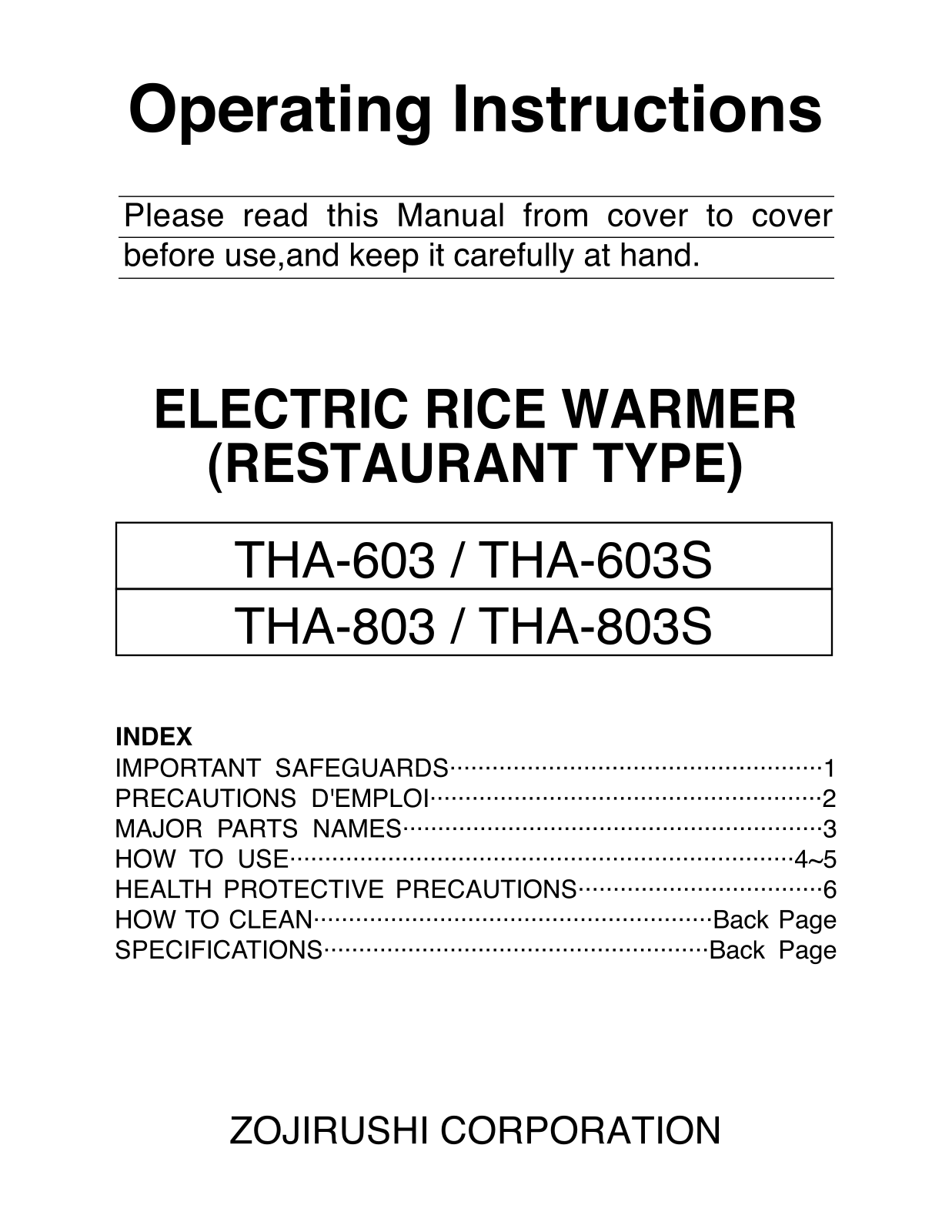 Zojirushi THA-803S, THA-803, THA-603S, THA-603 User Manual