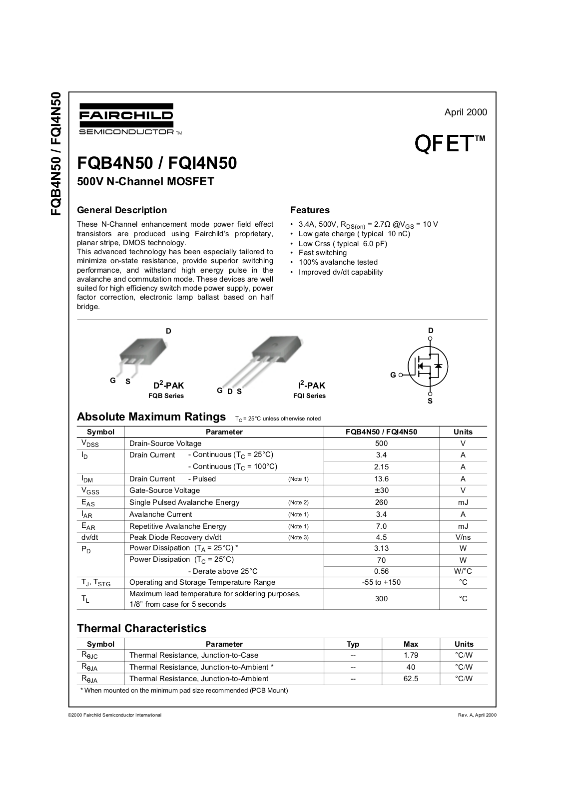 Datasheet FQB4N50 Datasheet (Fairchild Semiconductor) - ManualMachine.com