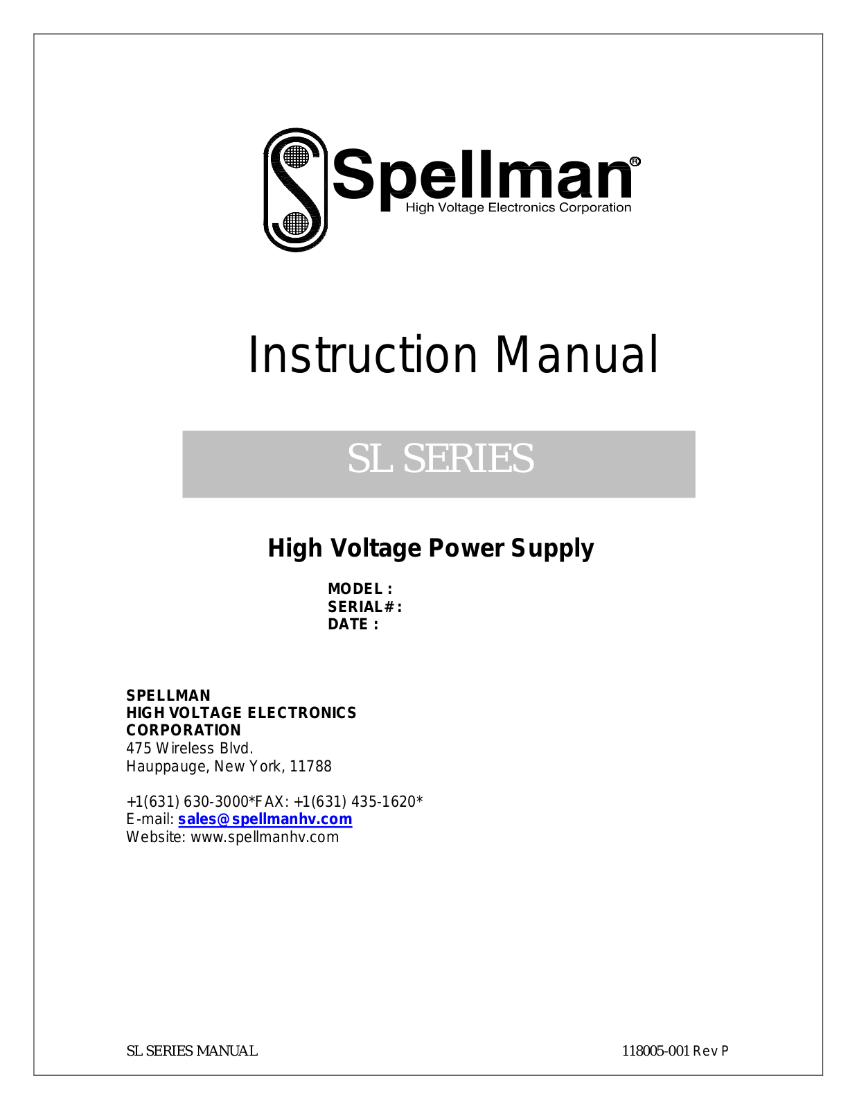 Spellman SL Series, eSL 30P300, eSL Series Instruction Manual