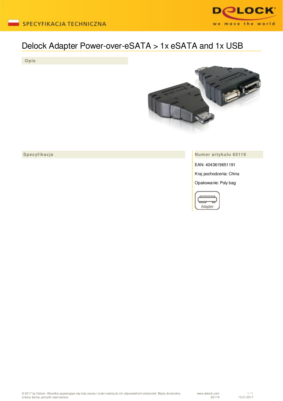 DeLOCK adapter Power-over-eSATA - 1x eSATA and 1x USB User Manual