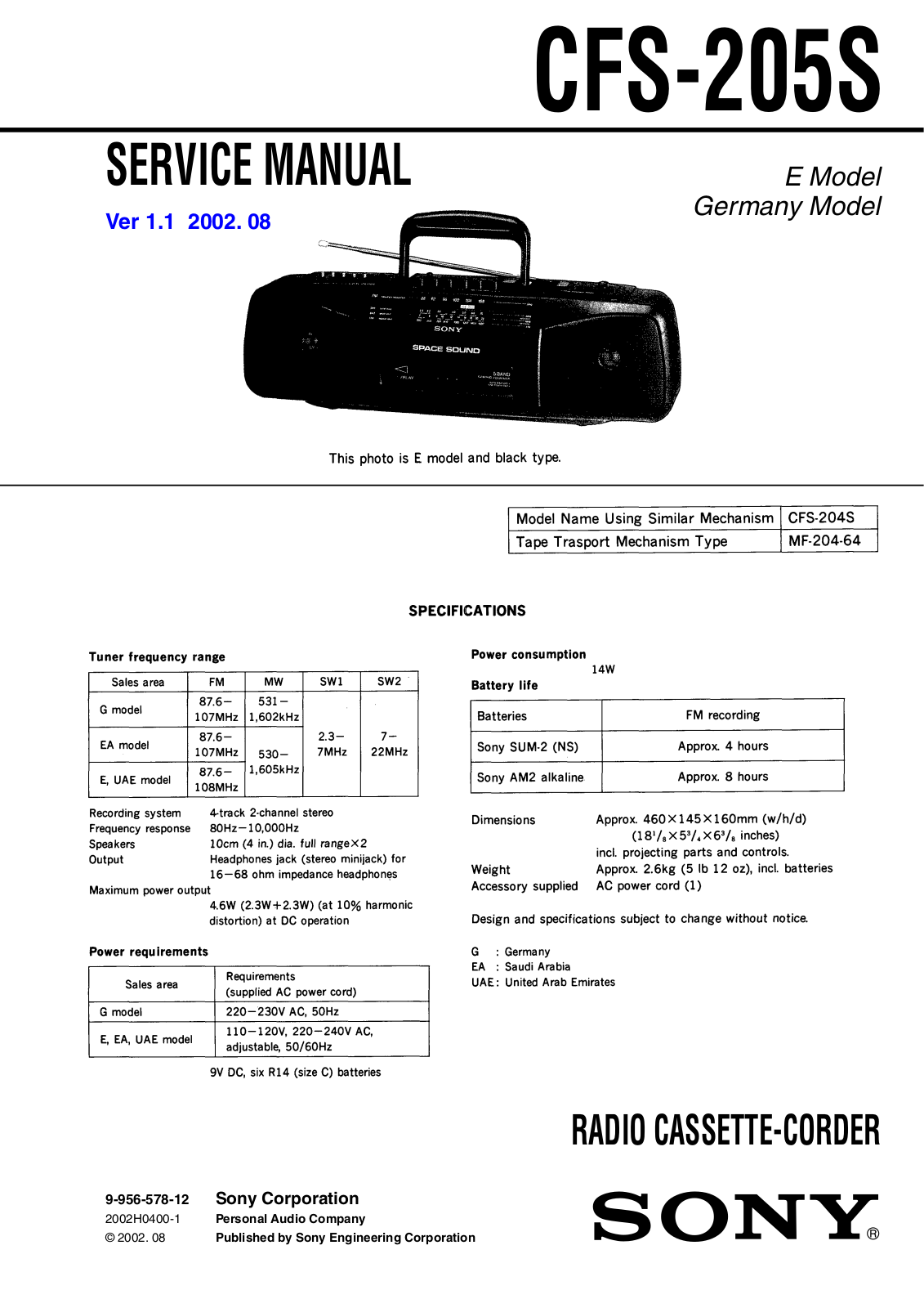 Sony CFS-205-S Service manual