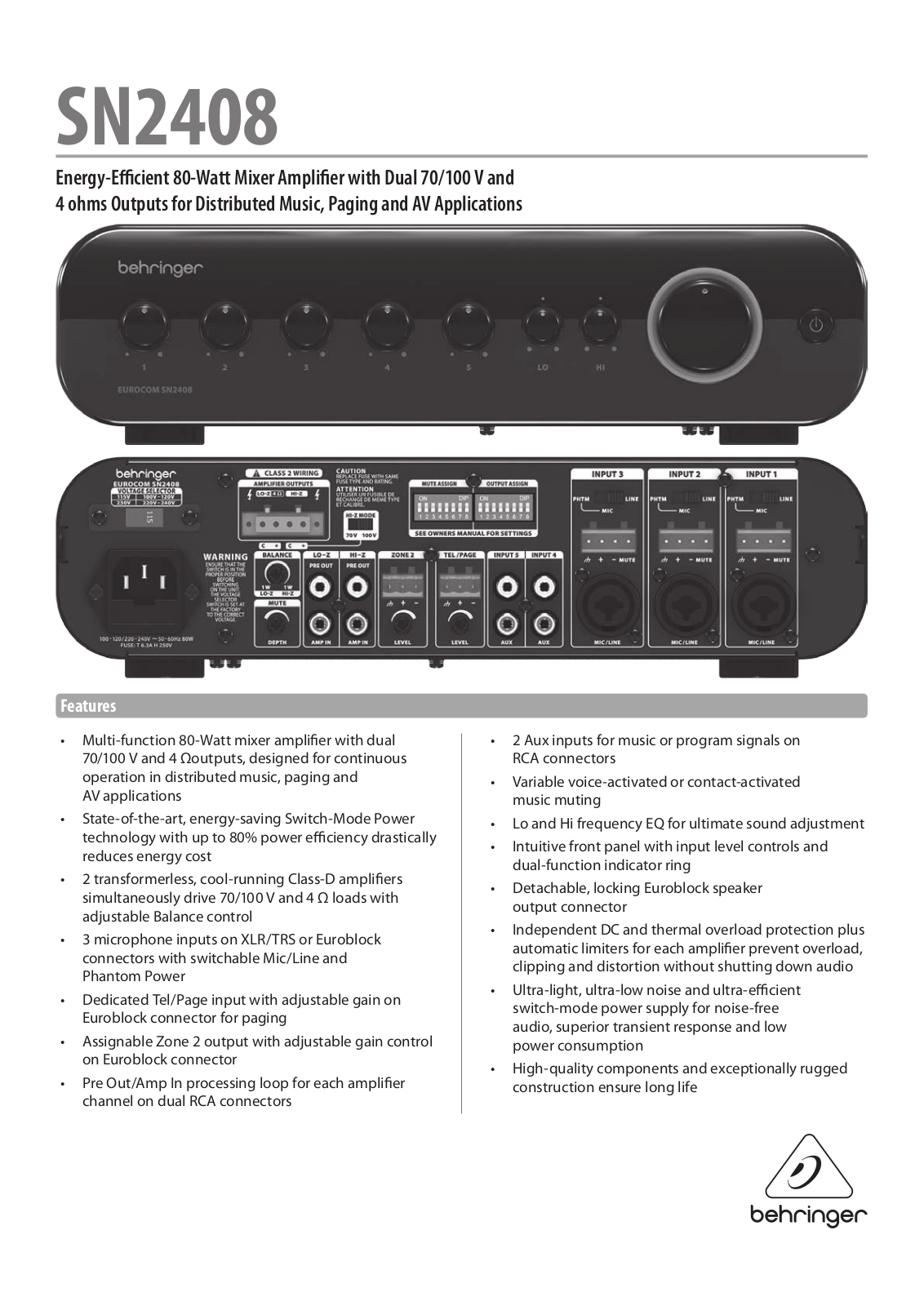 Behringer SN2408 Specification Sheet