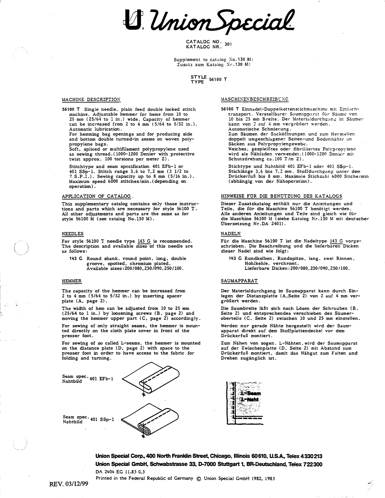 Union Special 56100T Parts List