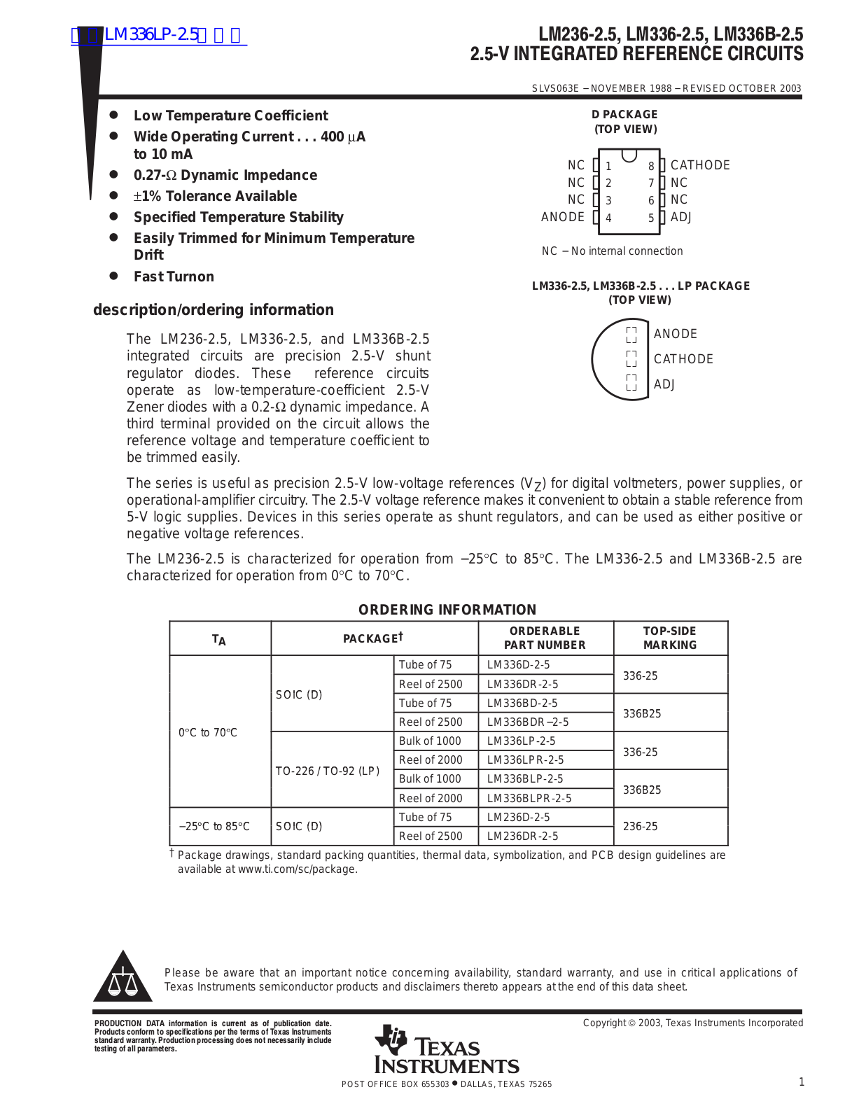 TEXAS INSTRUMENTS LM236-2.5 Technical data