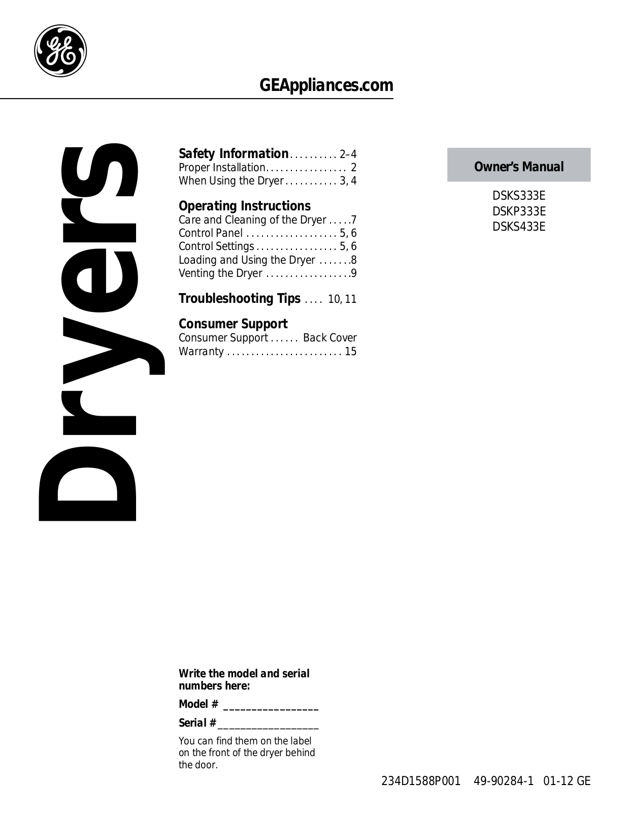 General Electric DSKS433EBWW Use & Care