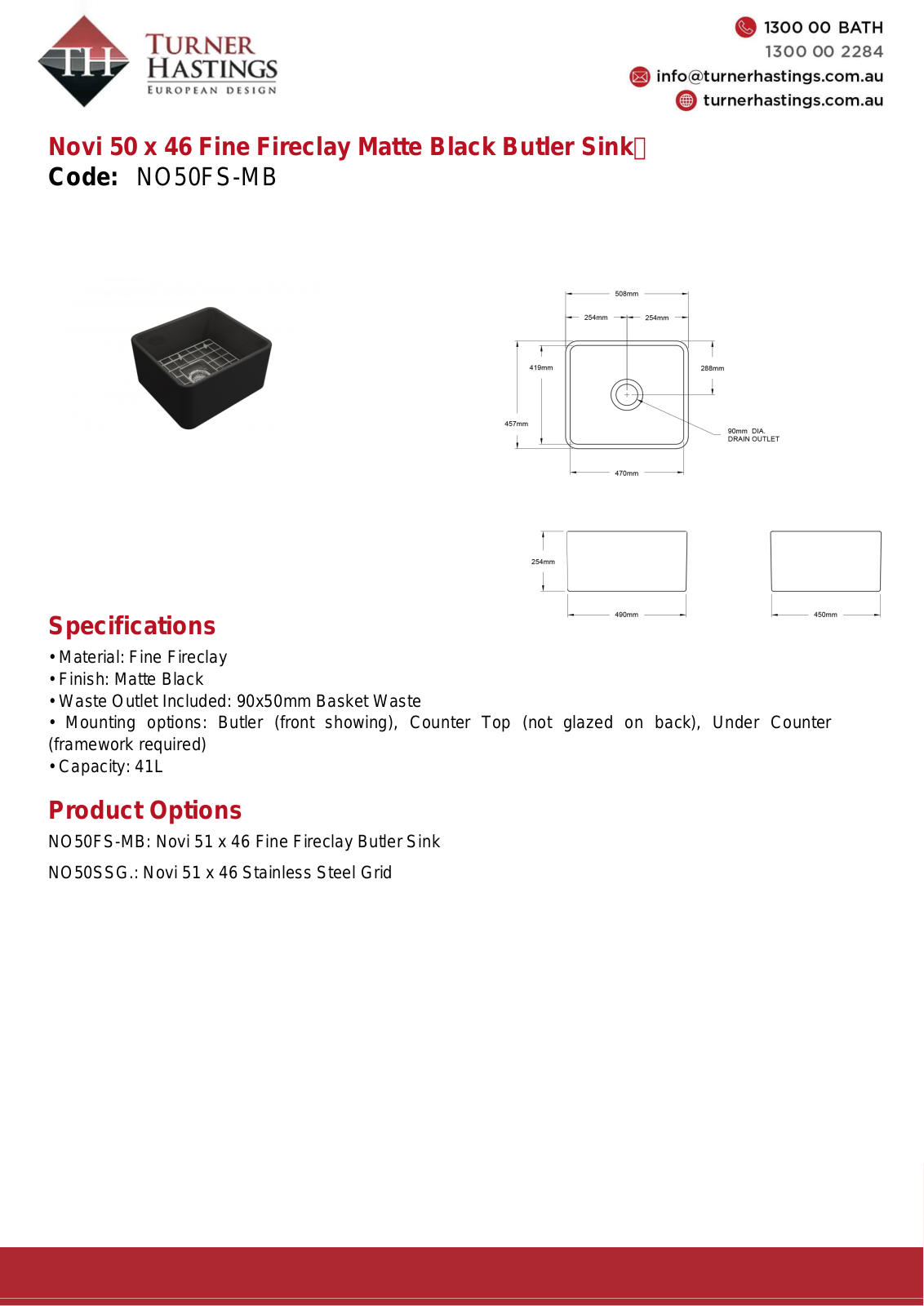 Turner Hastings NO50FS-MB Specifications Sheet