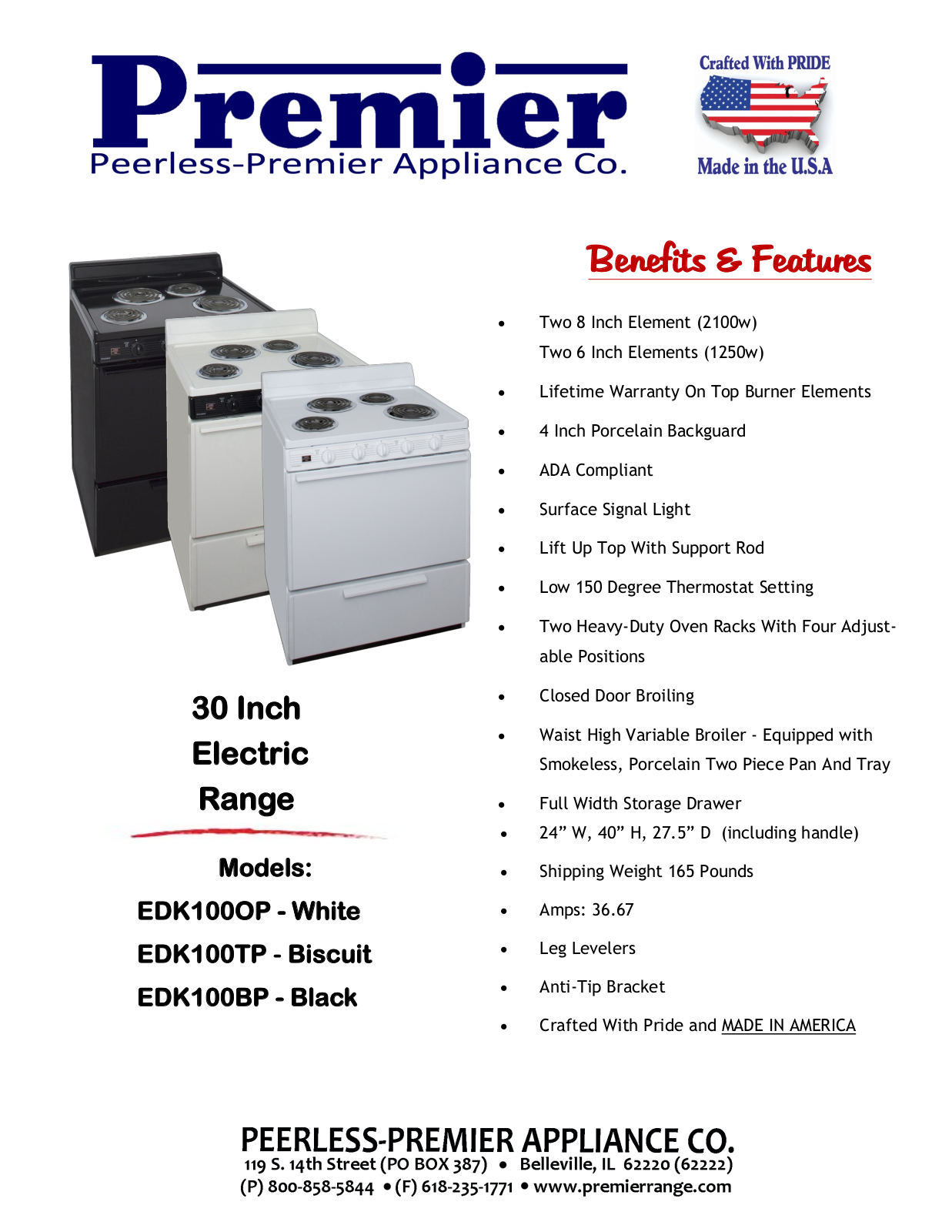 Premier EDK100TP, EDK100BP Specification Sheet