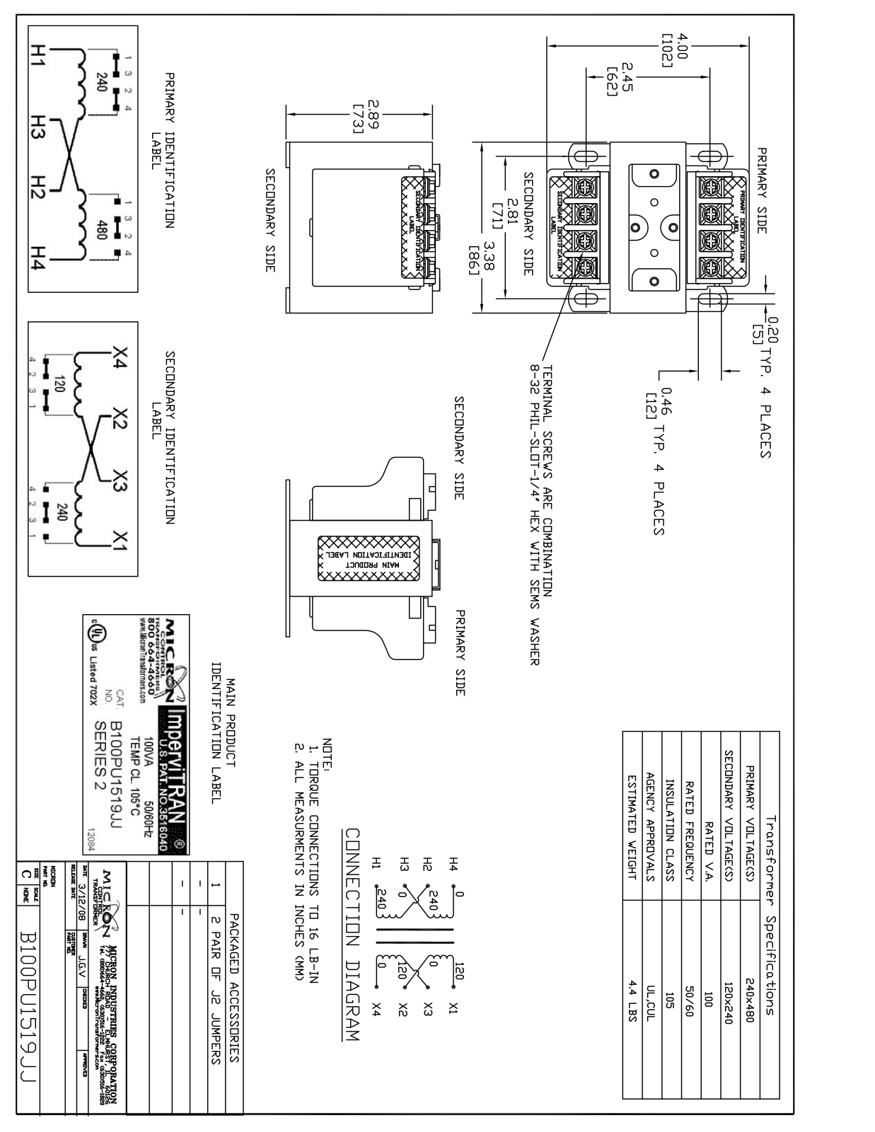 Micron Industries B100PU1519JJ Specification Sheet