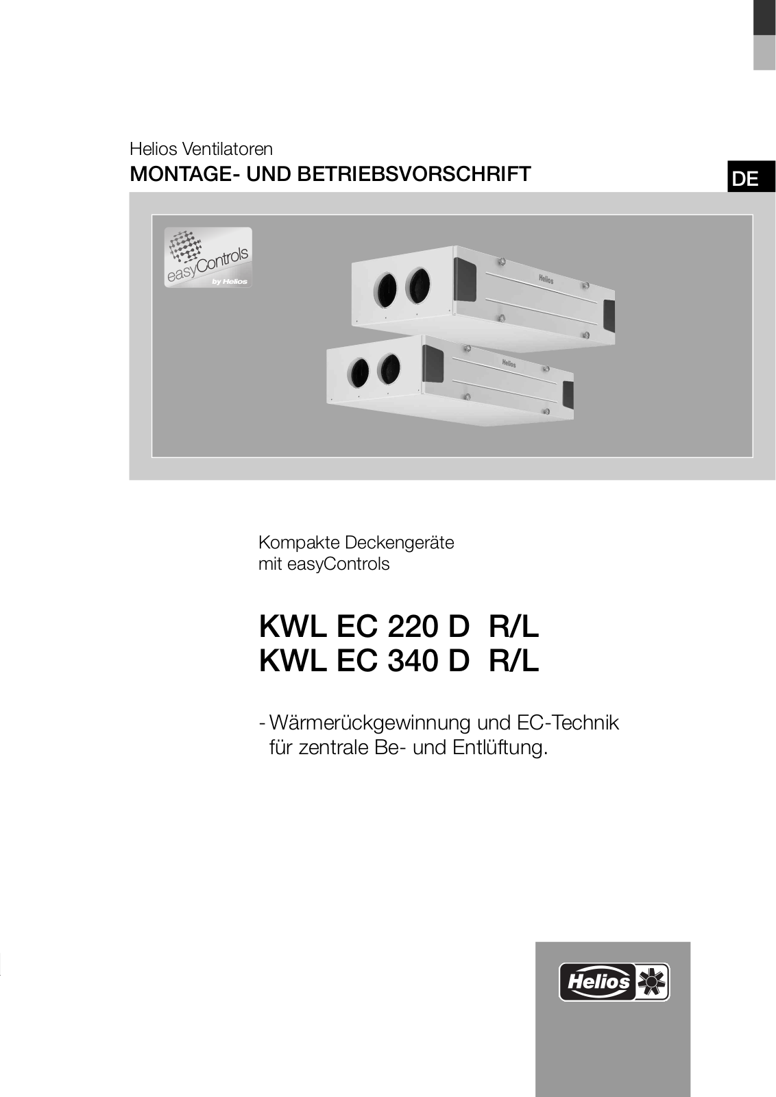 Helios easyControls KWL EC 220 D L, easyControls KWL EC 220 D R, easyControls KWL EC 340 D R, easyControls KWL EC 340 D L Installation And Operation Manual