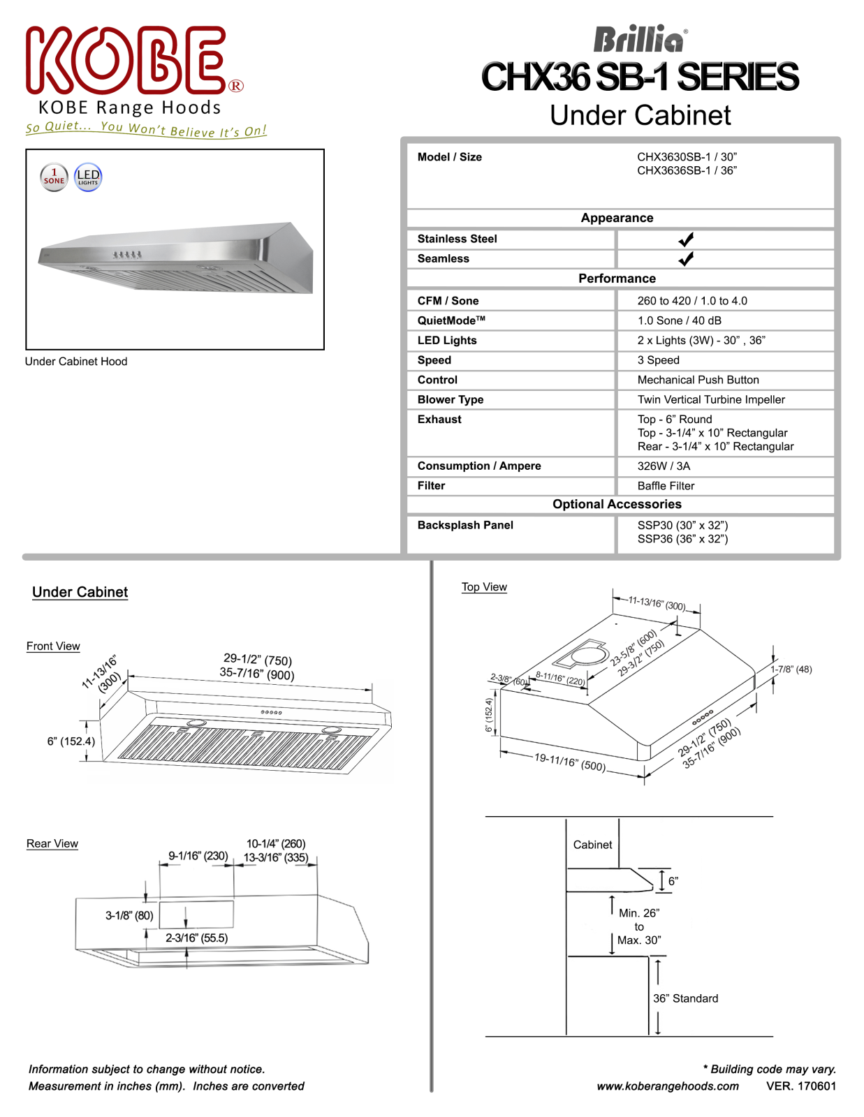 Kobe CHX3636SB1 Specifications