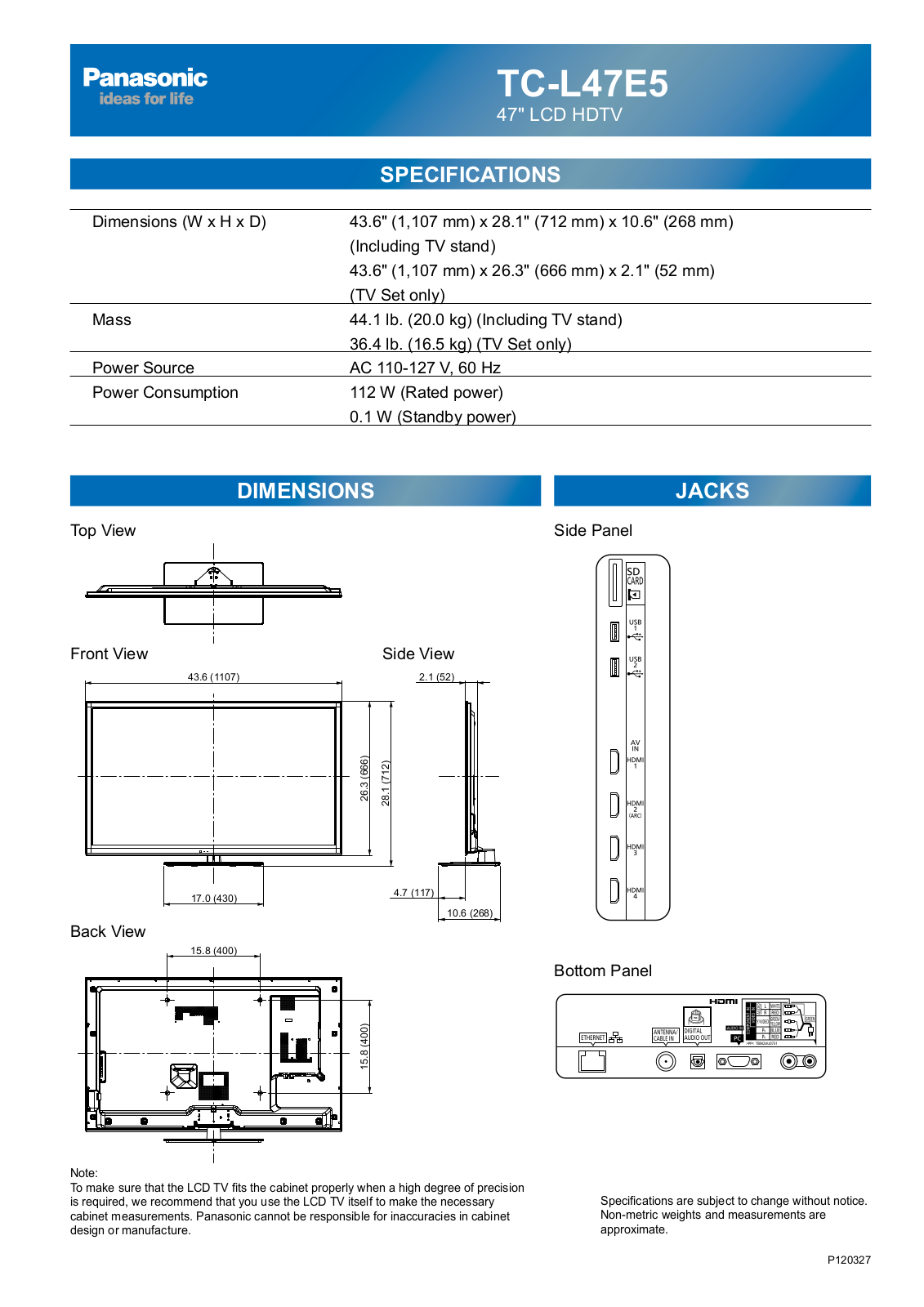 Panasonic tc-l47e5 cut sheet - ManualMachine.com