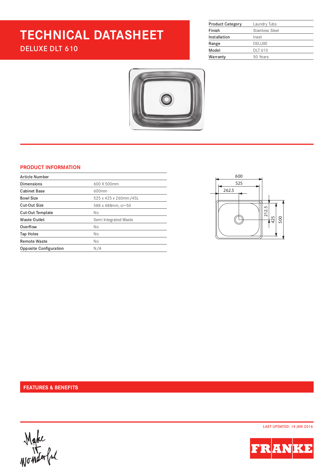 Franke DLT610/B Specifications Sheet