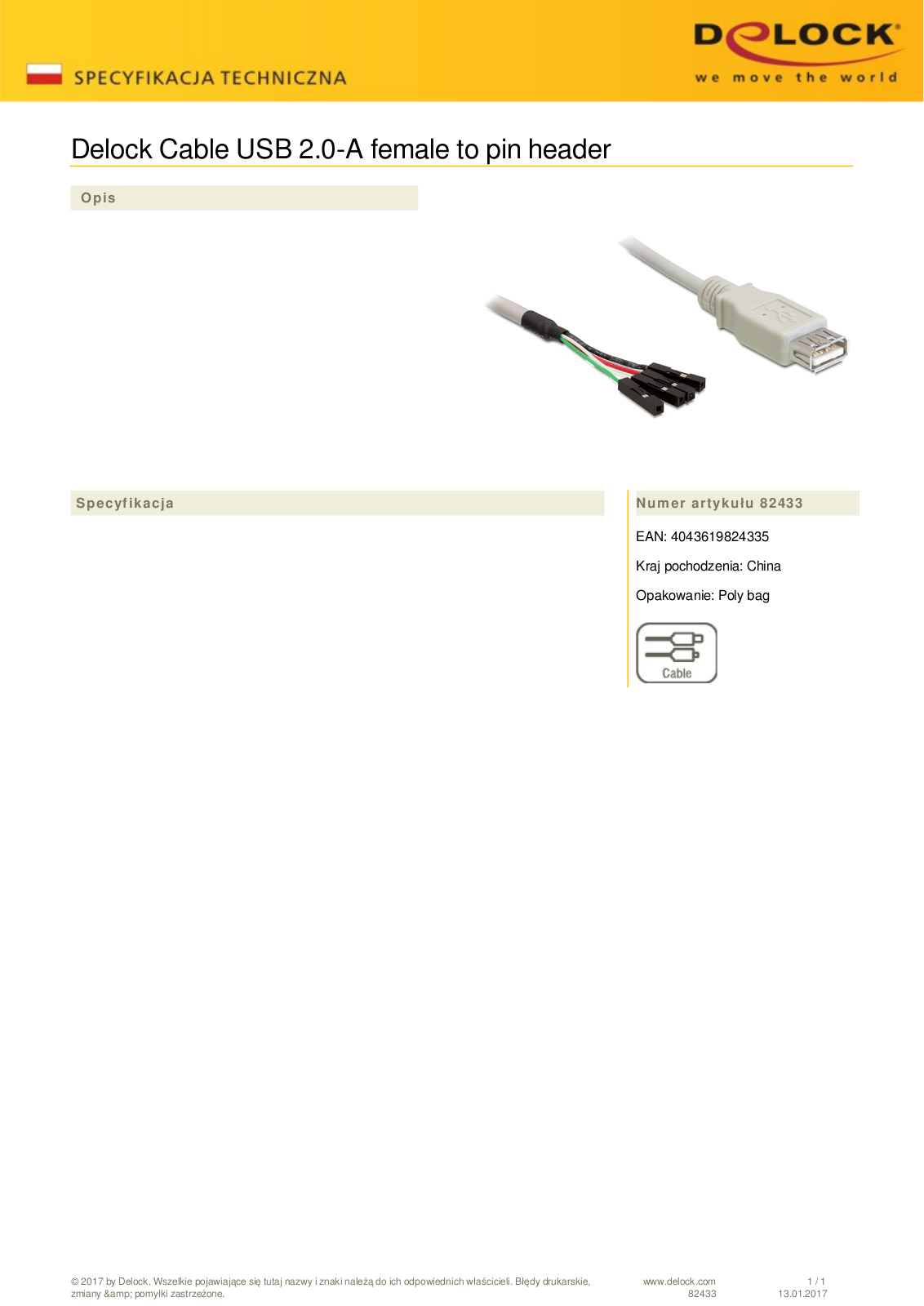 DeLOCK USB 2.0 cable A-socket-pinheader 0.4m User Manual