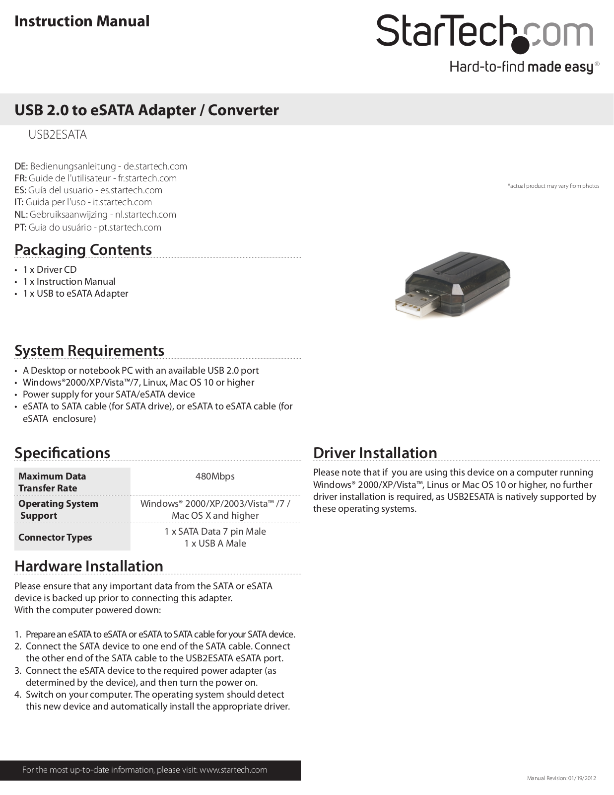 StarTech.com USB2ESATA User Manual