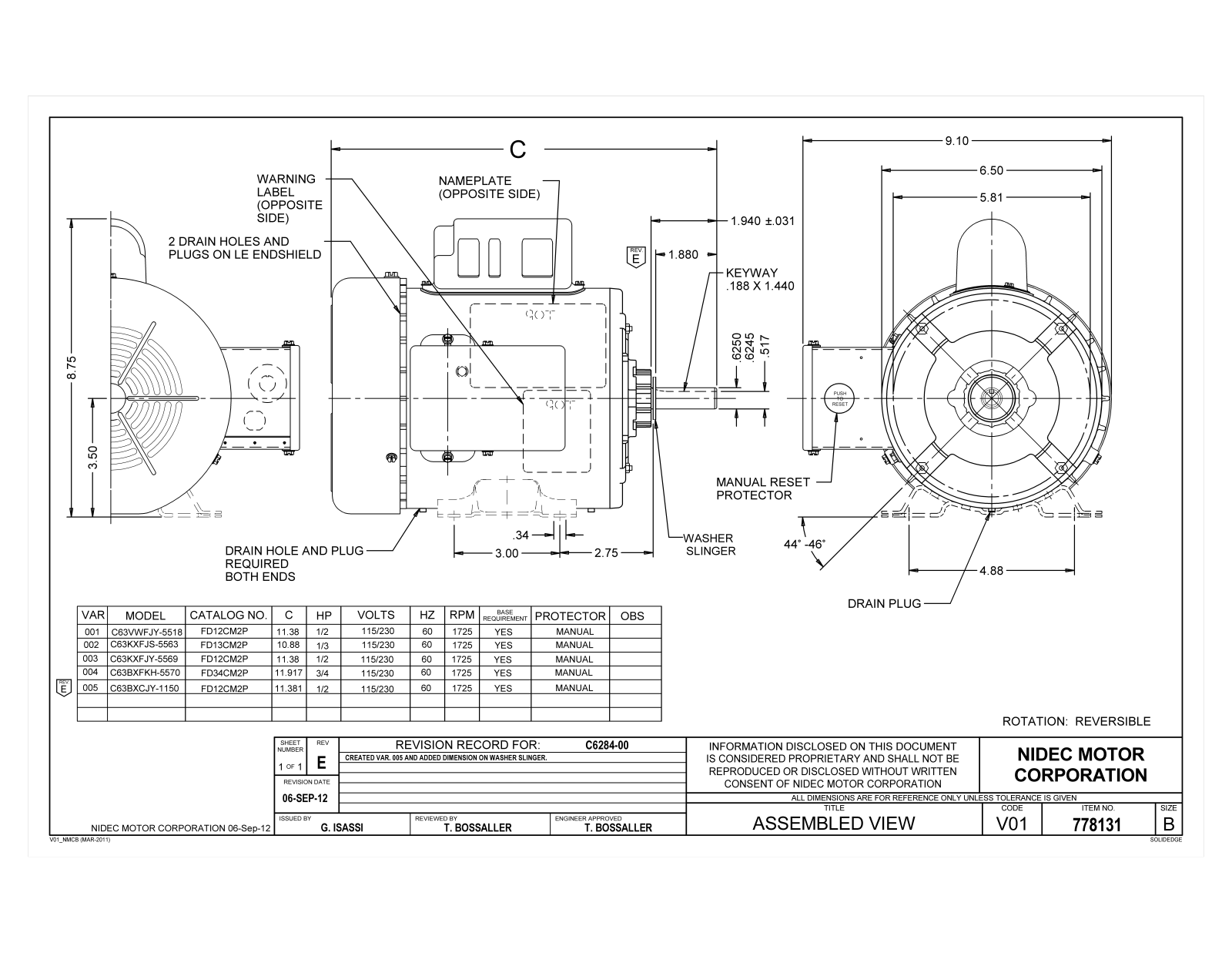 US Motors FD12CM2P, FD13CM2P, FD34CM2P Dimensional Sheet