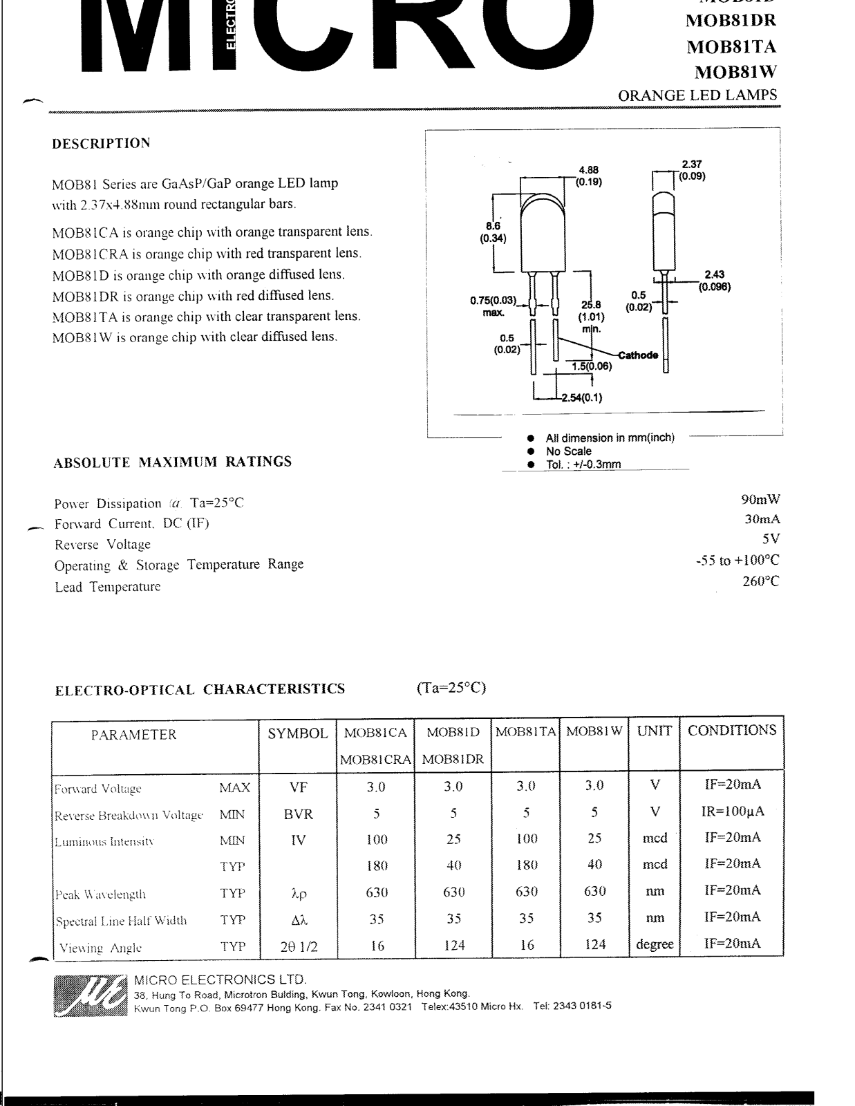 MICRO MOB81CA, MOB81W, MOB81D, MOB81CRA, MOB81TA Datasheet