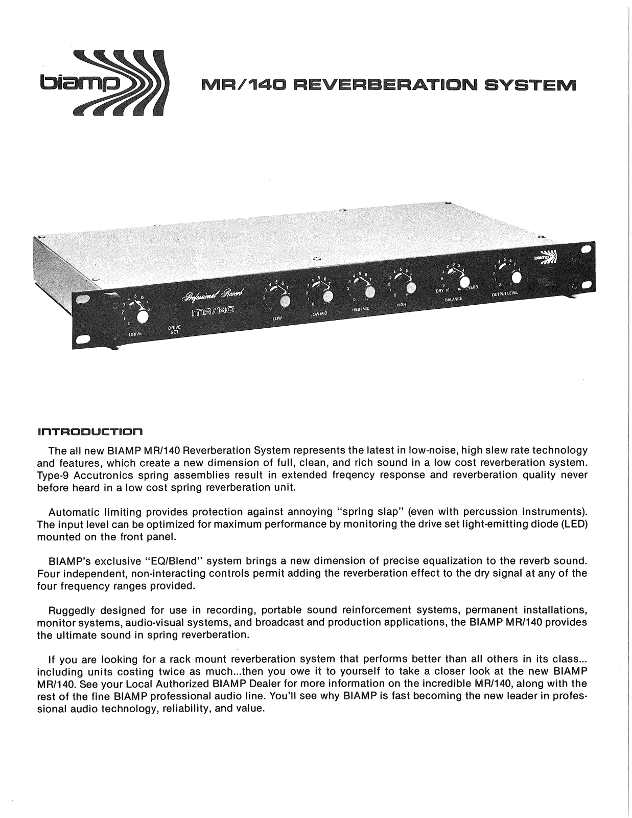 Biamp MR-140 REVERBERATION SYSTEMS User Manual