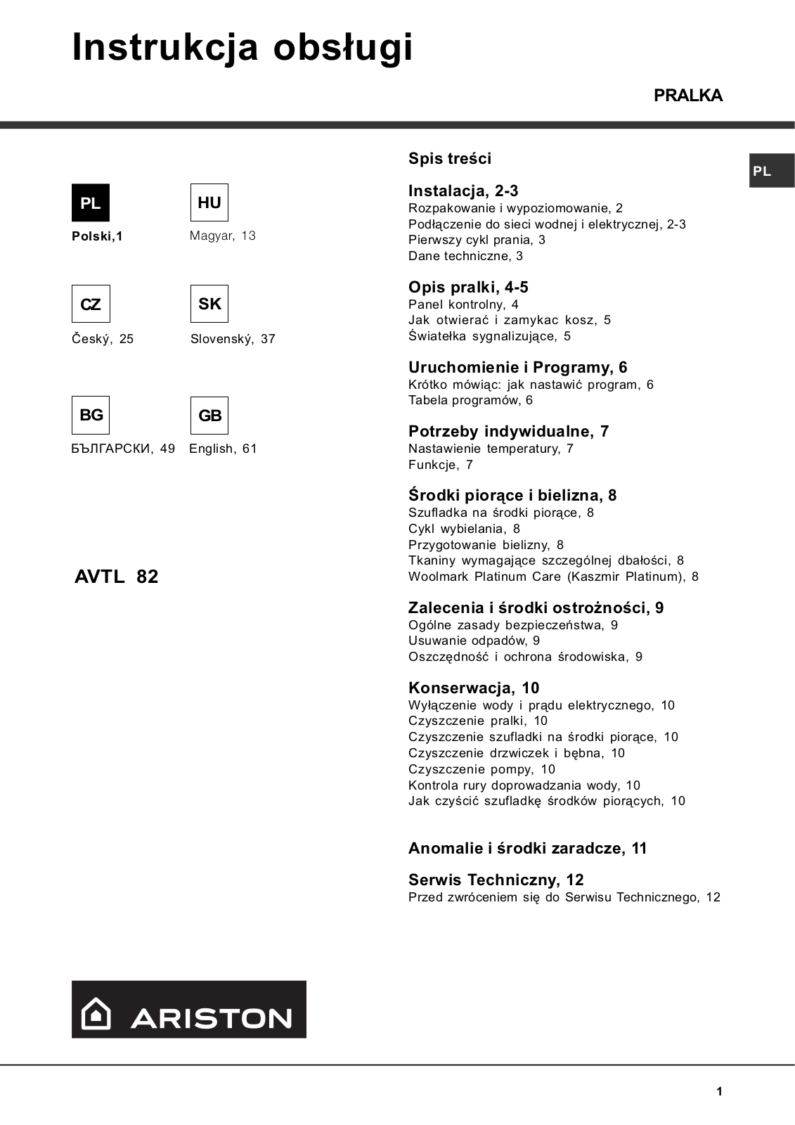 Ariston AVTL82 User Manual