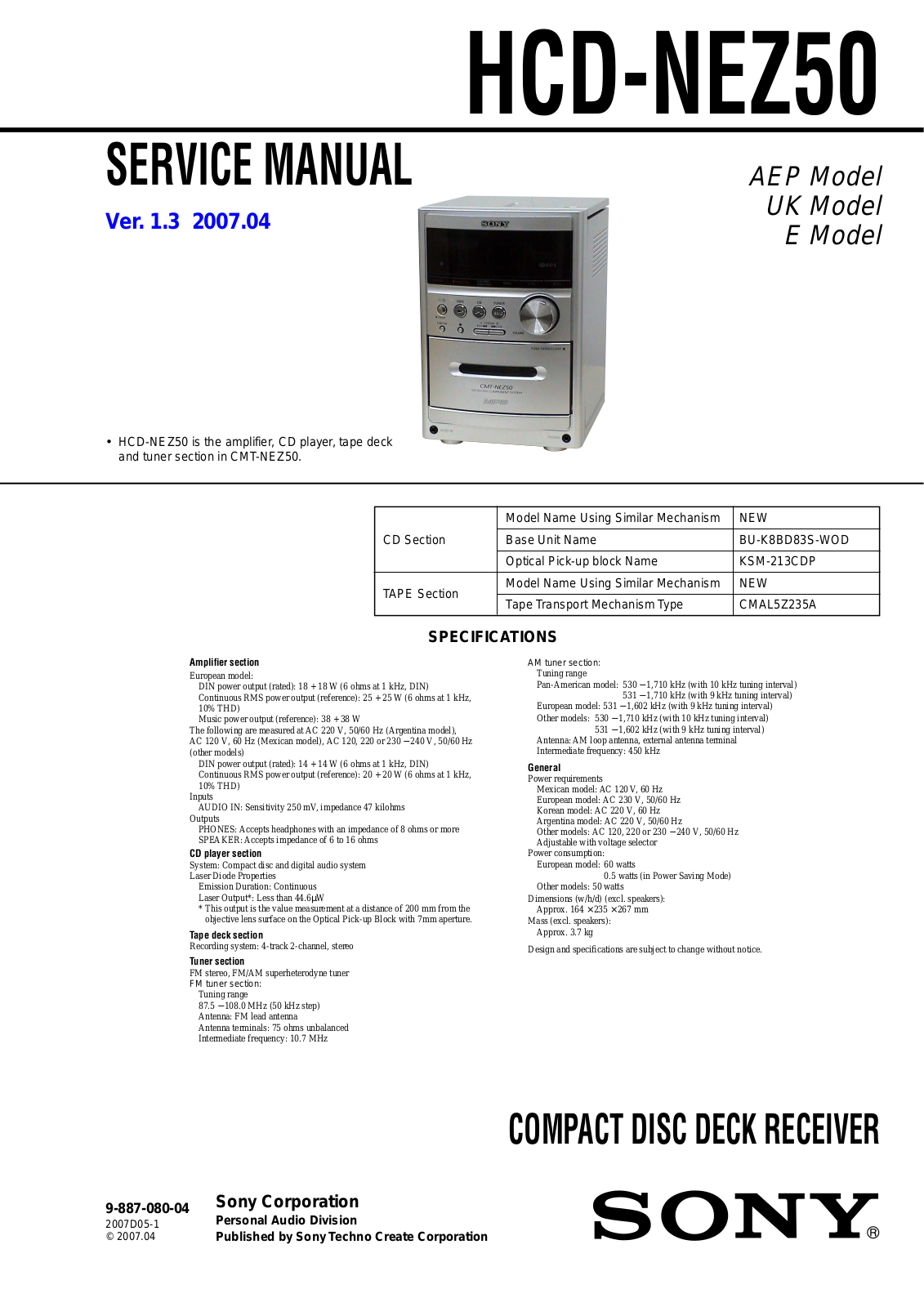 SONY HCD-NEZ50 Service Manual