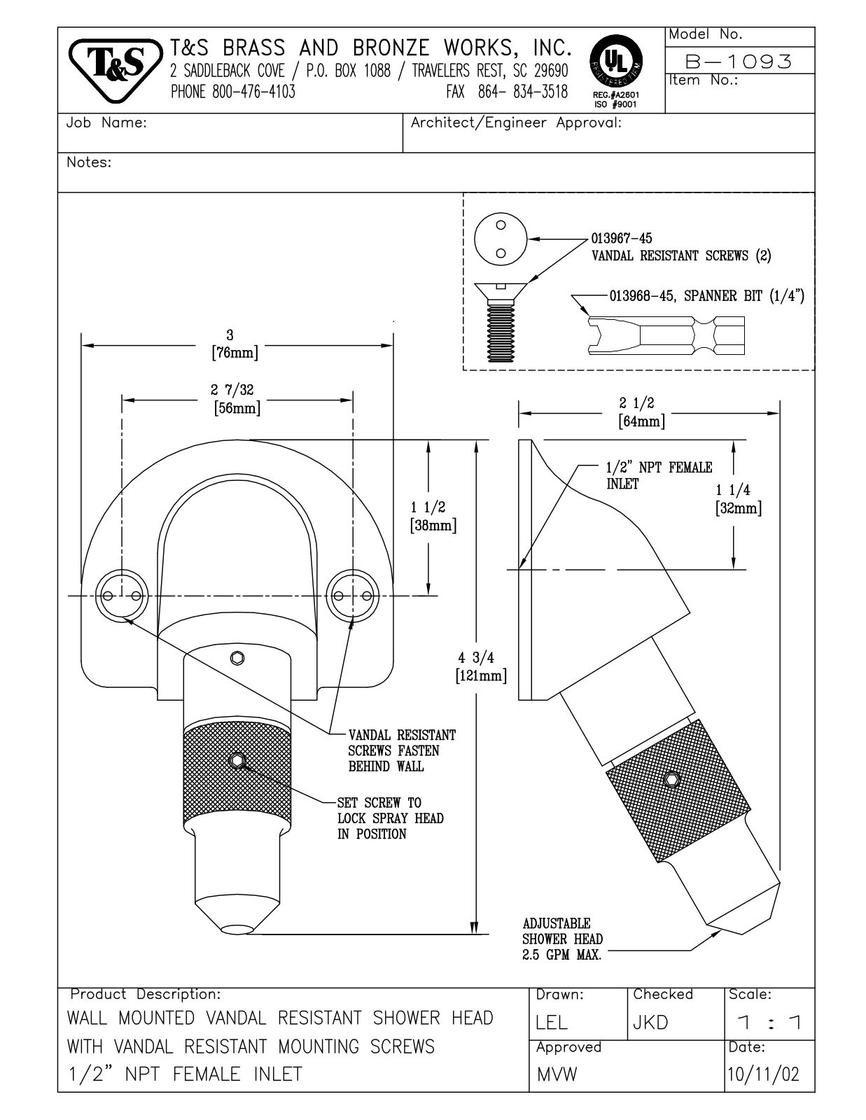 T&S Brass Manuals B-1093 User Manual